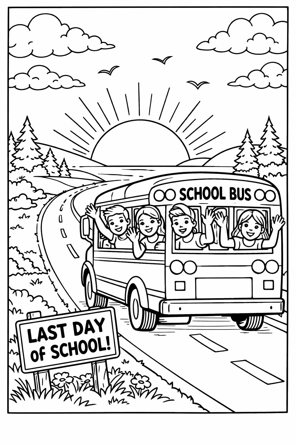A yellow school bus driving along a road toward a sunset, kids waving from the windows on the last dayOlder Kids (8 to 12)