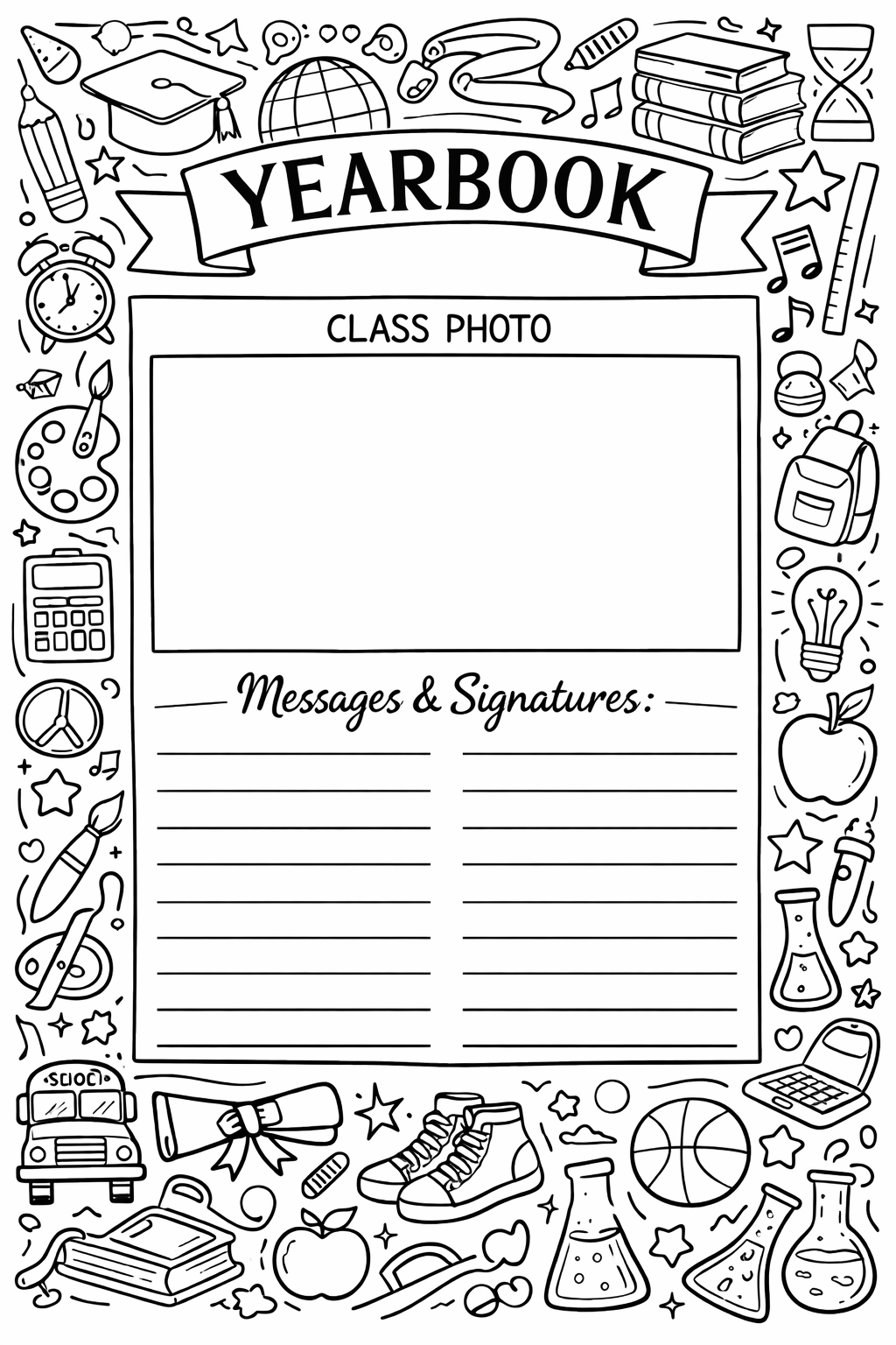 A blank yearbook page layout with signature lines, framed by a decorative border of school doodles