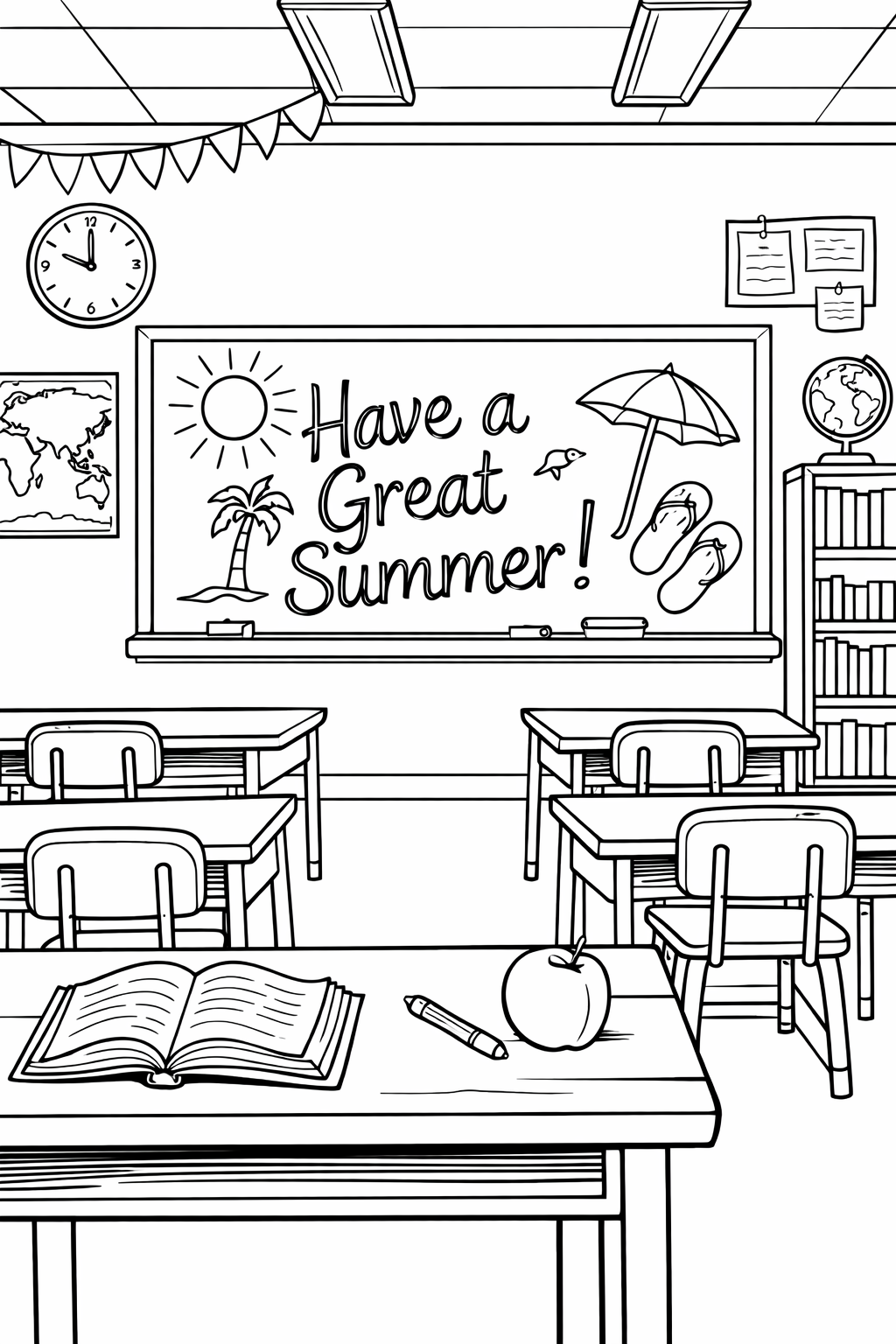 A classroom interior with empty desks and "Have a great summer" written on the chalkboard