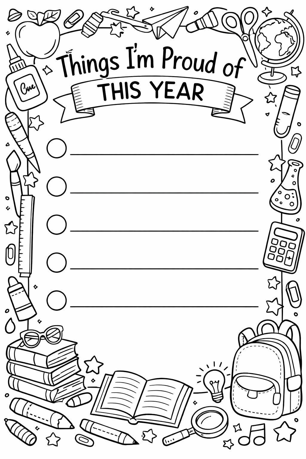 A "Things I'm proud of this year" worksheet with five empty lines and a decorative border of school supplies