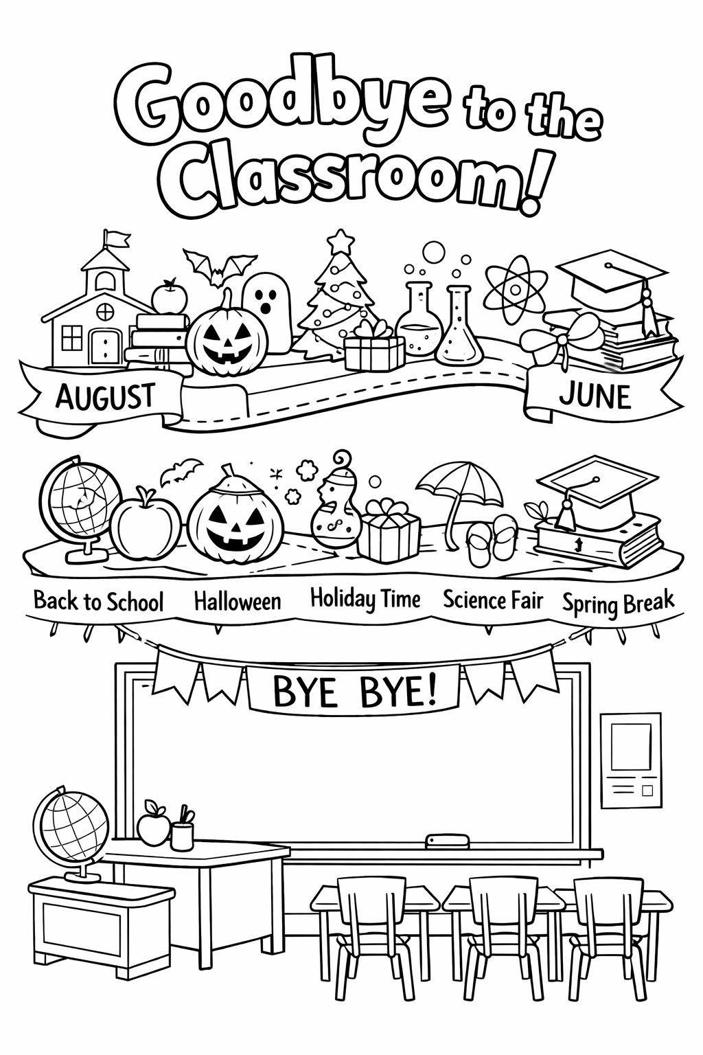 A timeline strip showing the school year from August to June with simple milestone icons along the wayGoodbye to the classroom