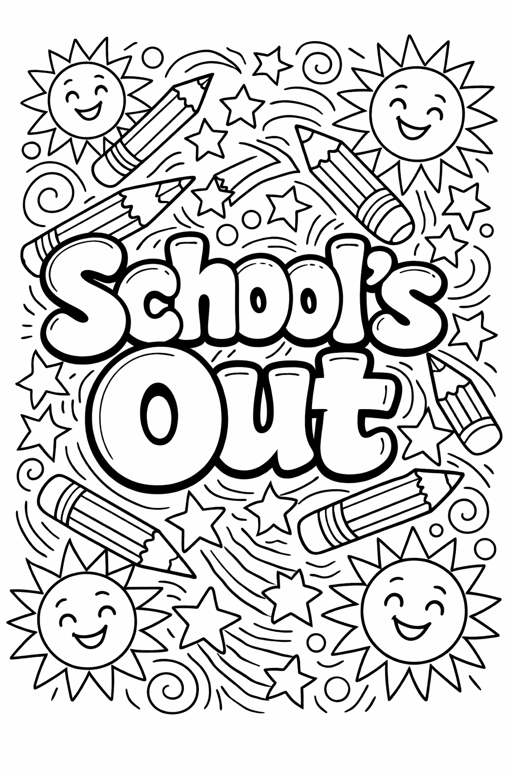 Bold "School's Out" lettering in chunky bubble letters, surrounded by intricate doodles of pencils, stars, and suns