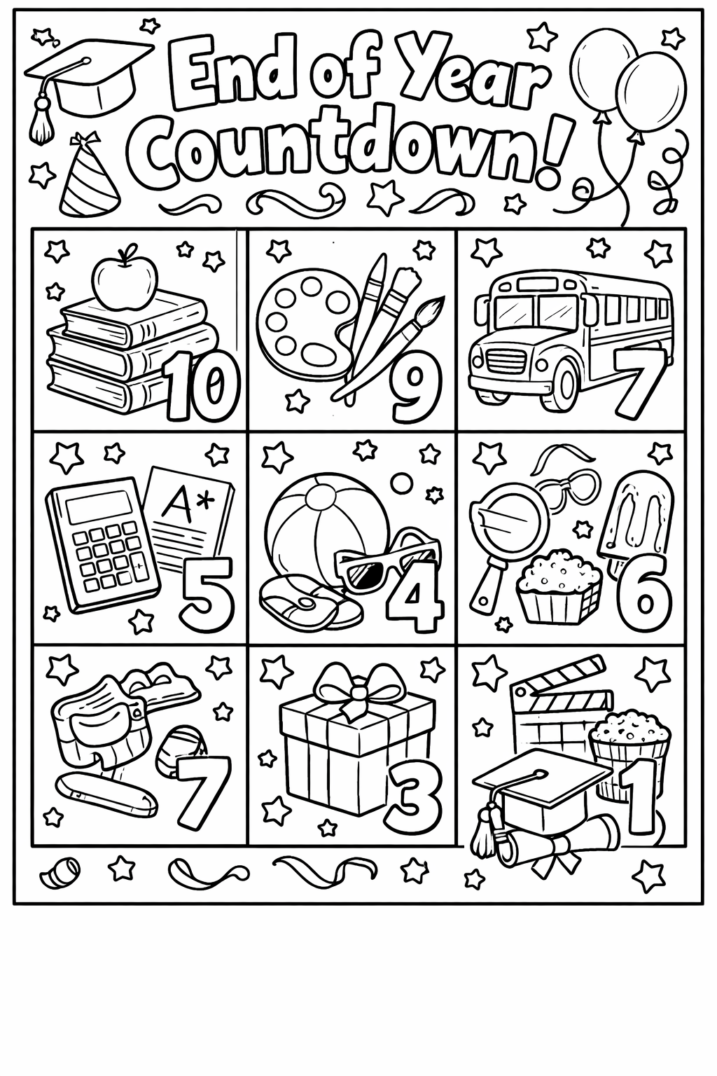 An end of year countdown calendar grid for the last 10 school days, each square containing a small illustration