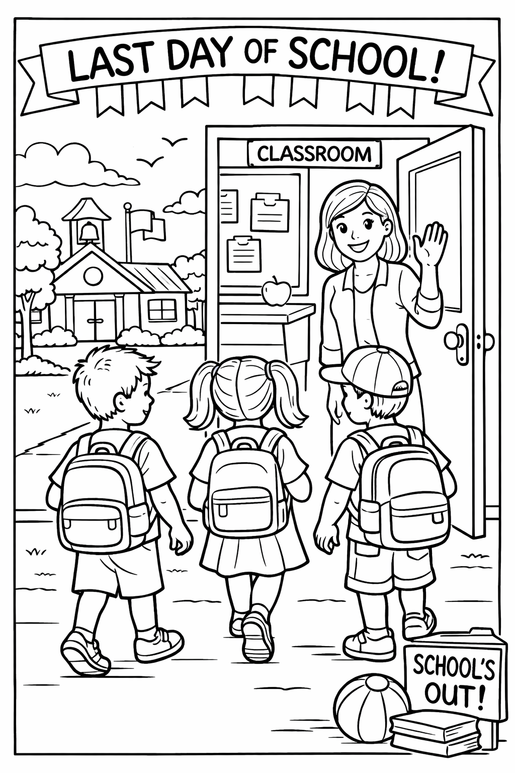 A teacher waving goodbye from a classroom door, three students walking out with backpacks, last day of school scene