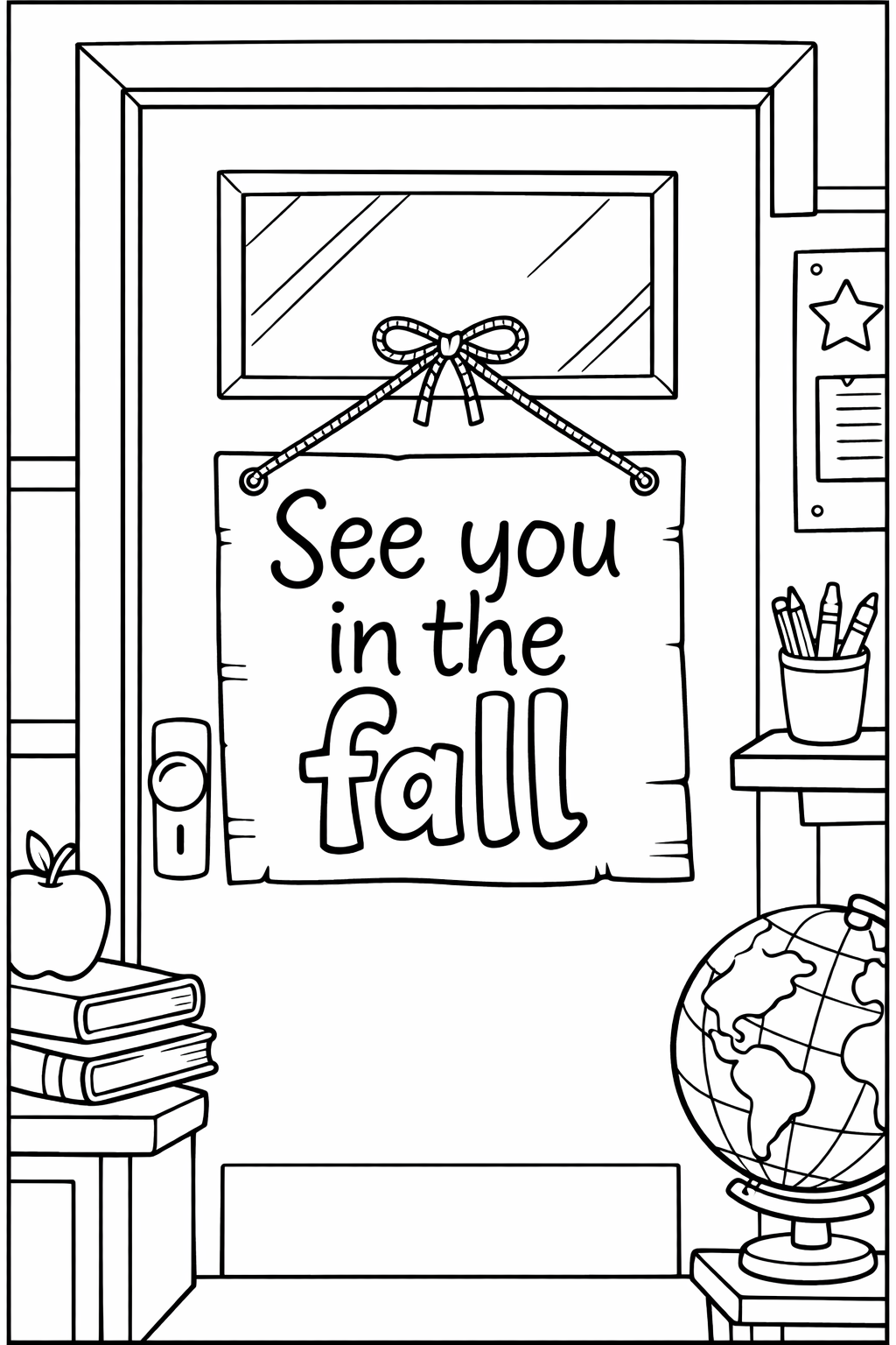 A classroom door with a paper sign that reads "See you in the fall" hanging from a piece of yarn