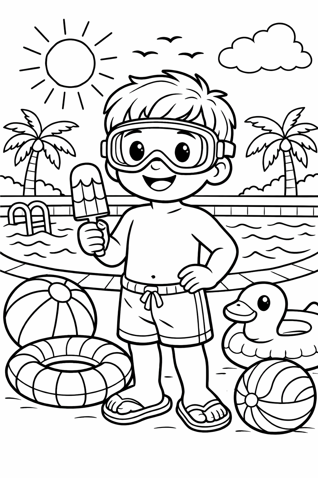 A child wearing pool goggles holding a popsicle, beach balls and pool floaties on the ground around them