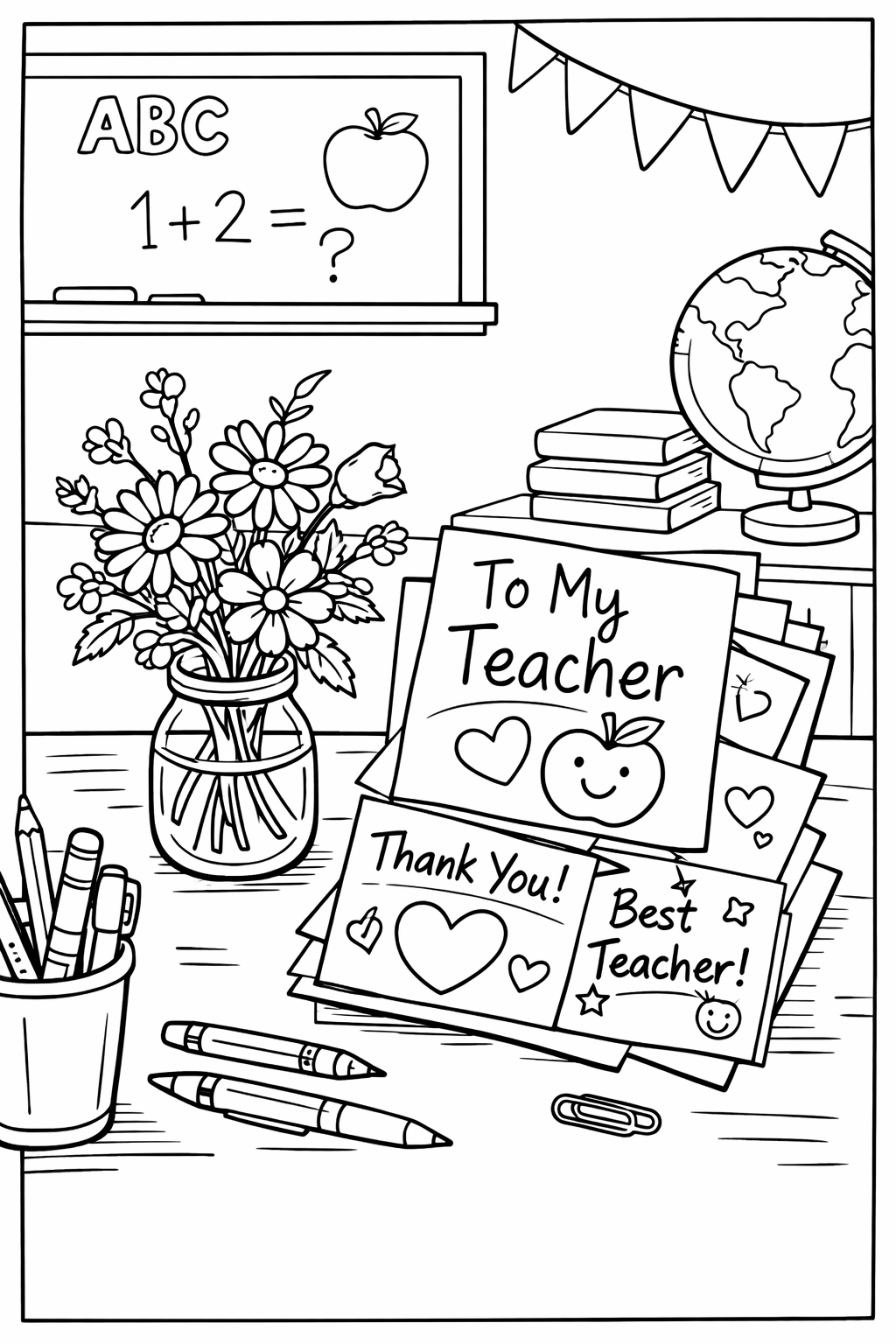 A teacher's desk with a small vase of wildflowers and a stack of handwritten cards from students