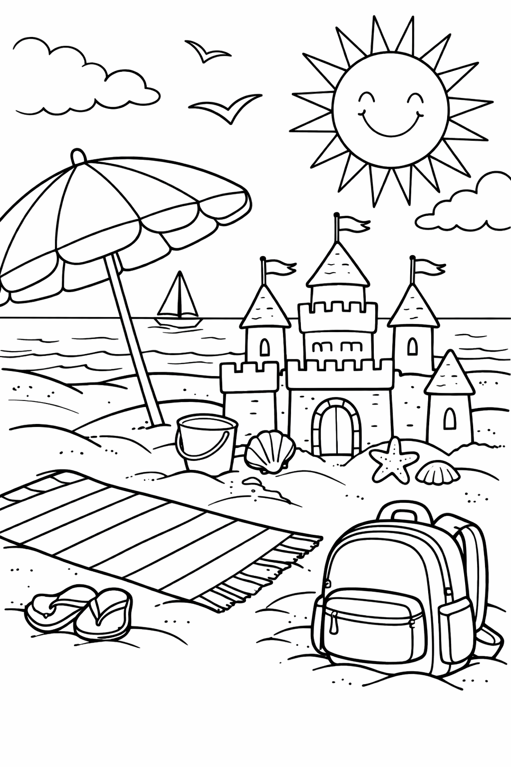 A beach scene with a sandcastle, a sun umbrella, a beach towel, and a closed school backpack at the edge