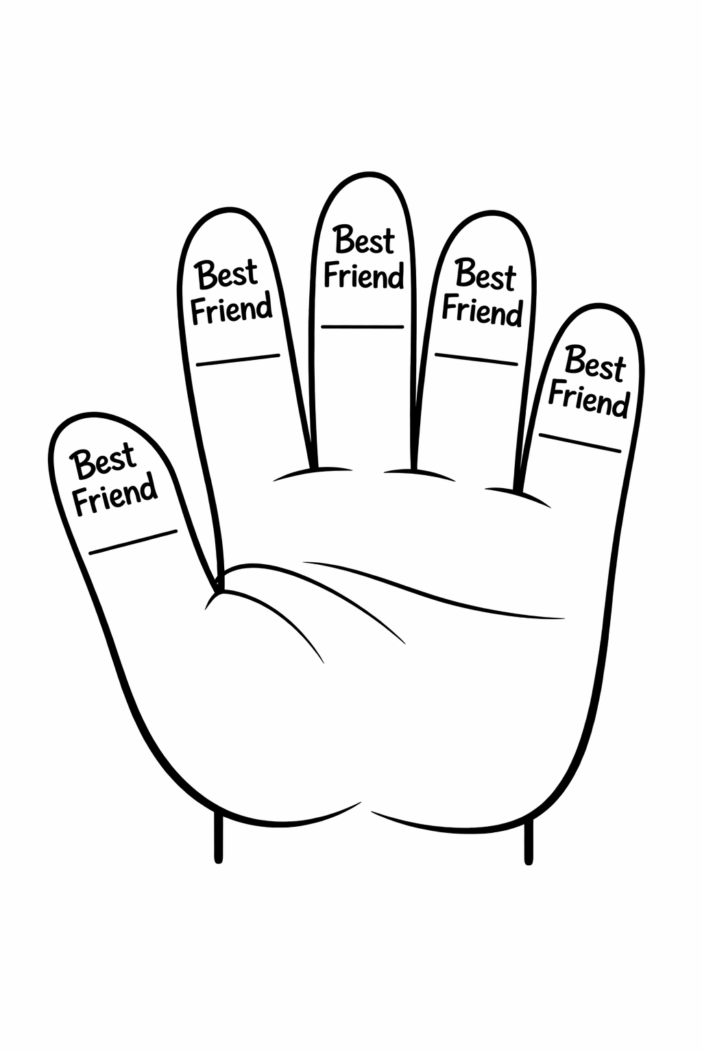 A hand-shaped outline with five fingers, each finger labeled "Best friend" with a blank line for a name