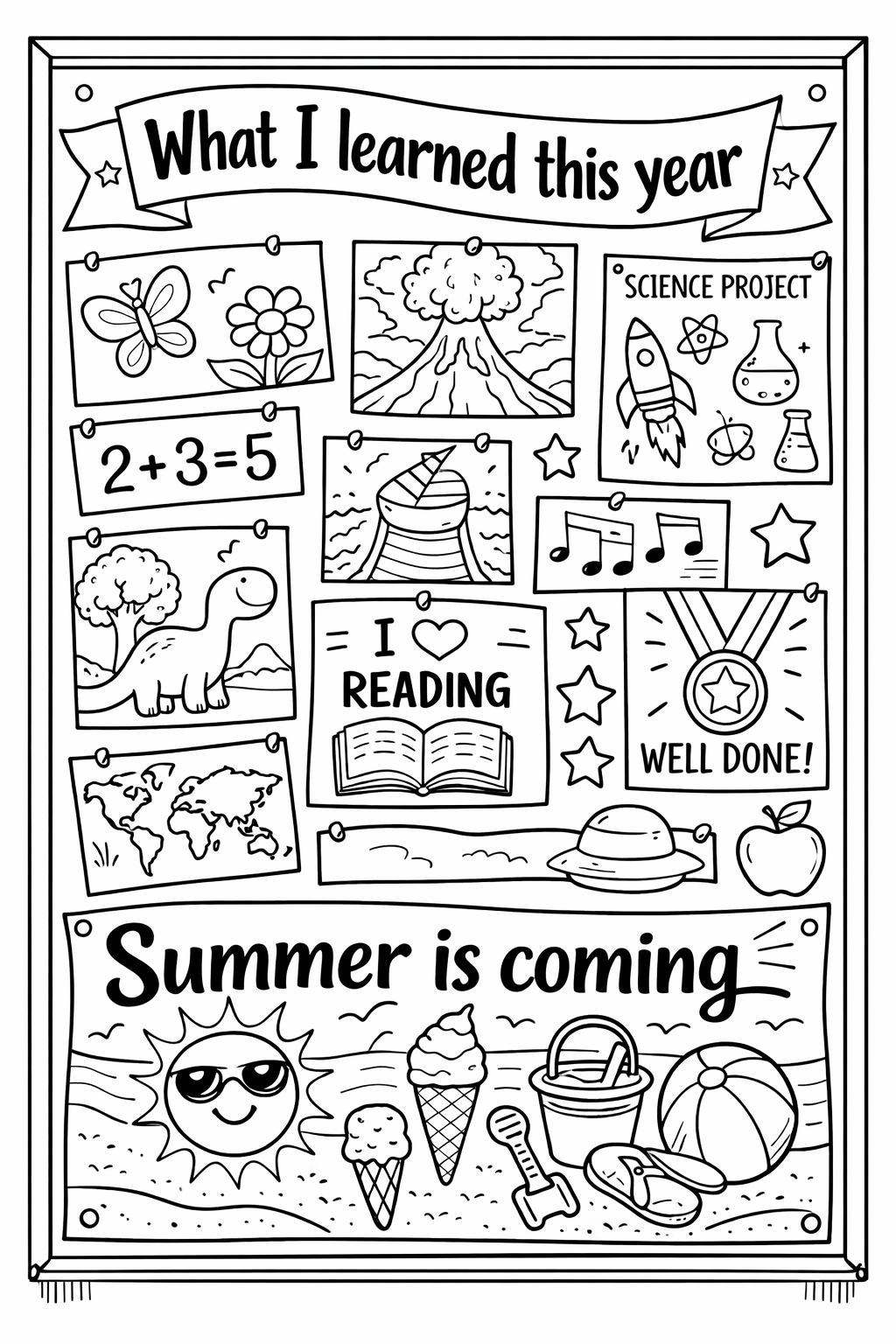 A bulletin board covered in student artwork and a centered banner reading "What I learned this year"Summer is coming