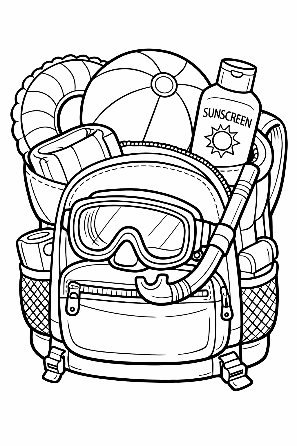 A backpack stuffed with a beach ball, a bottle of sunscreen, pool floaties, and a swim mask