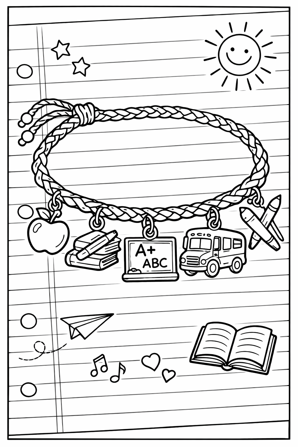 A friendship bracelet with five charms representing classroom memories, laid flat on a piece of lined paper