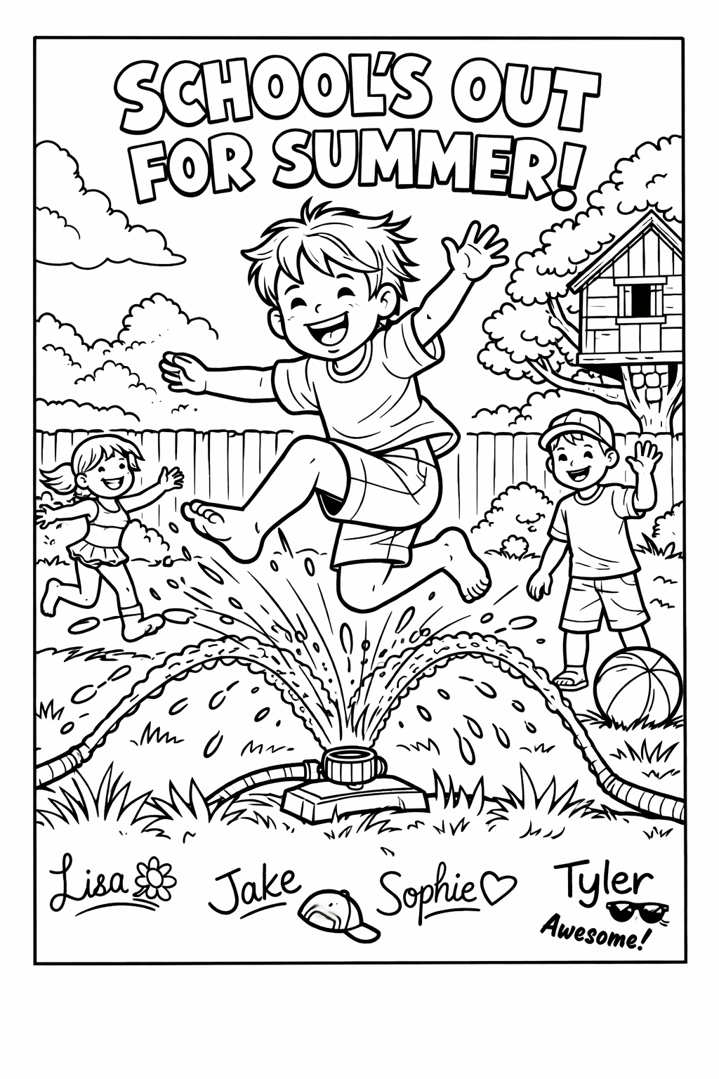 A backyard sprinkler arcing water over a barefoot child mid-jump, summer break has startedFriends and signatures