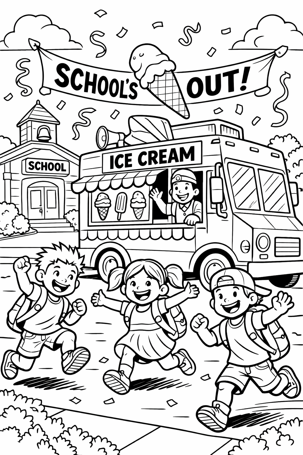 An ice cream truck with three kids running toward it, last day of school release energy