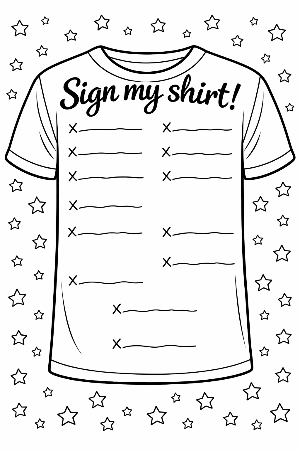 An outlined t-shirt with "Sign my shirt" across the top and signature lines filling the rest, framed by tiny stars