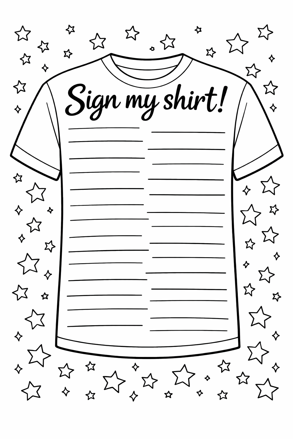 An outlined t-shirt with "Sign my shirt" across the top and signature lines filling the rest, framed by tiny stars
