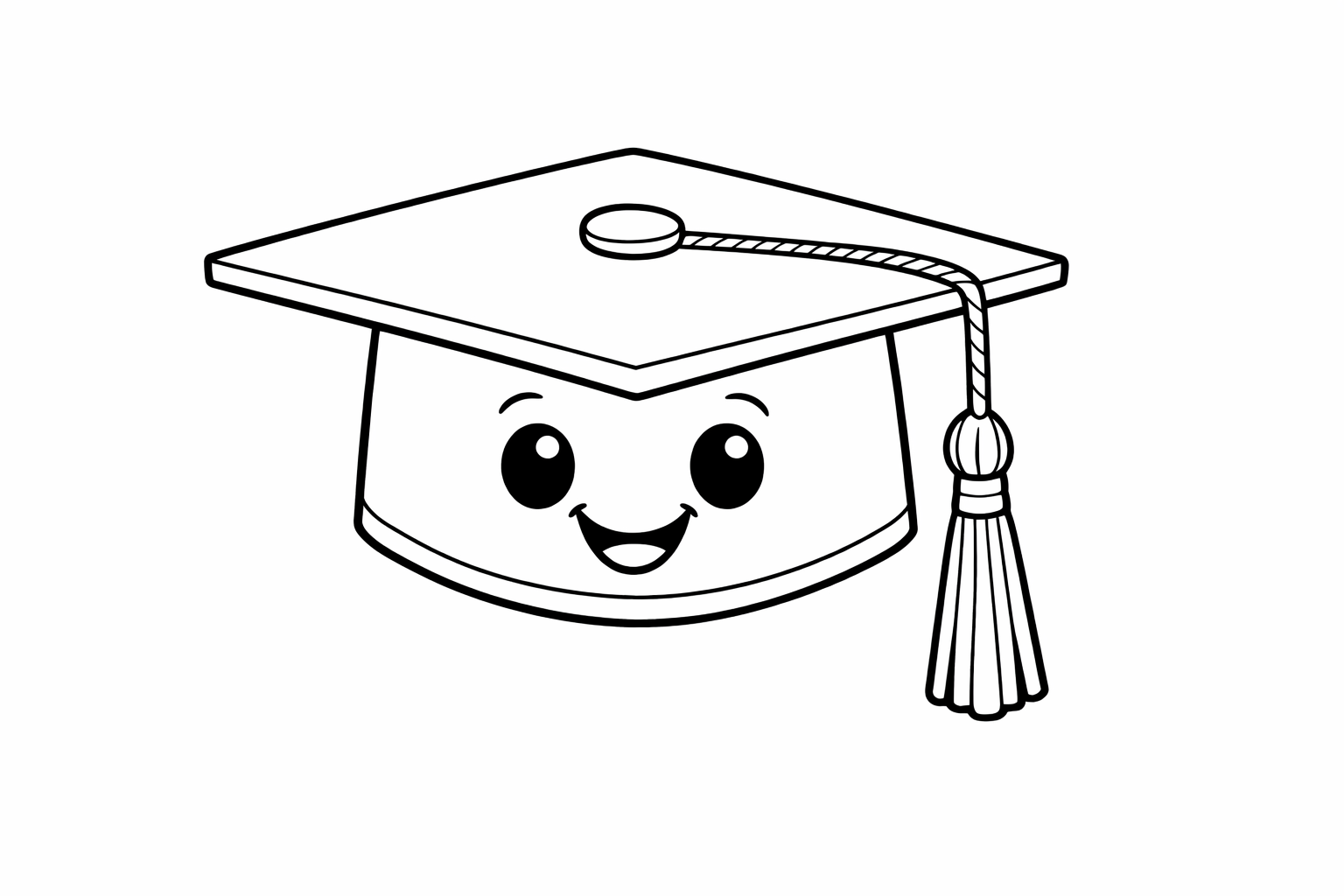 A graduation cap with a long tassel and a smiling face, very few interior details