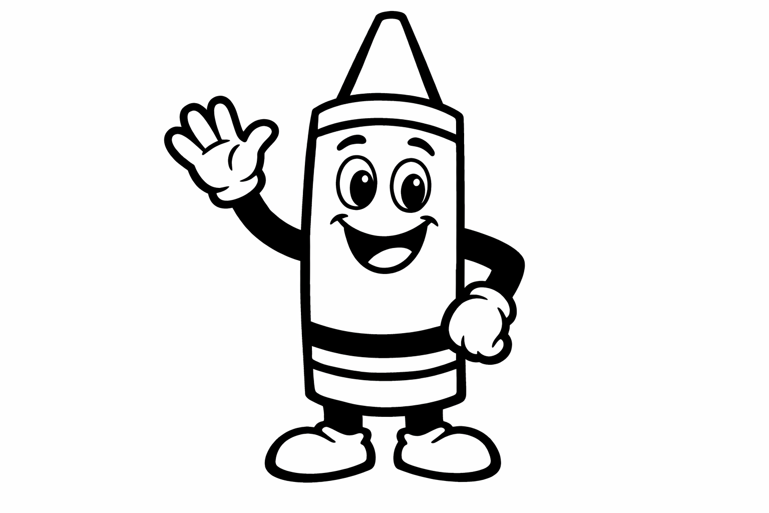 A friendly waving crayon with a face and arms, oversized bold lines, very few interior details