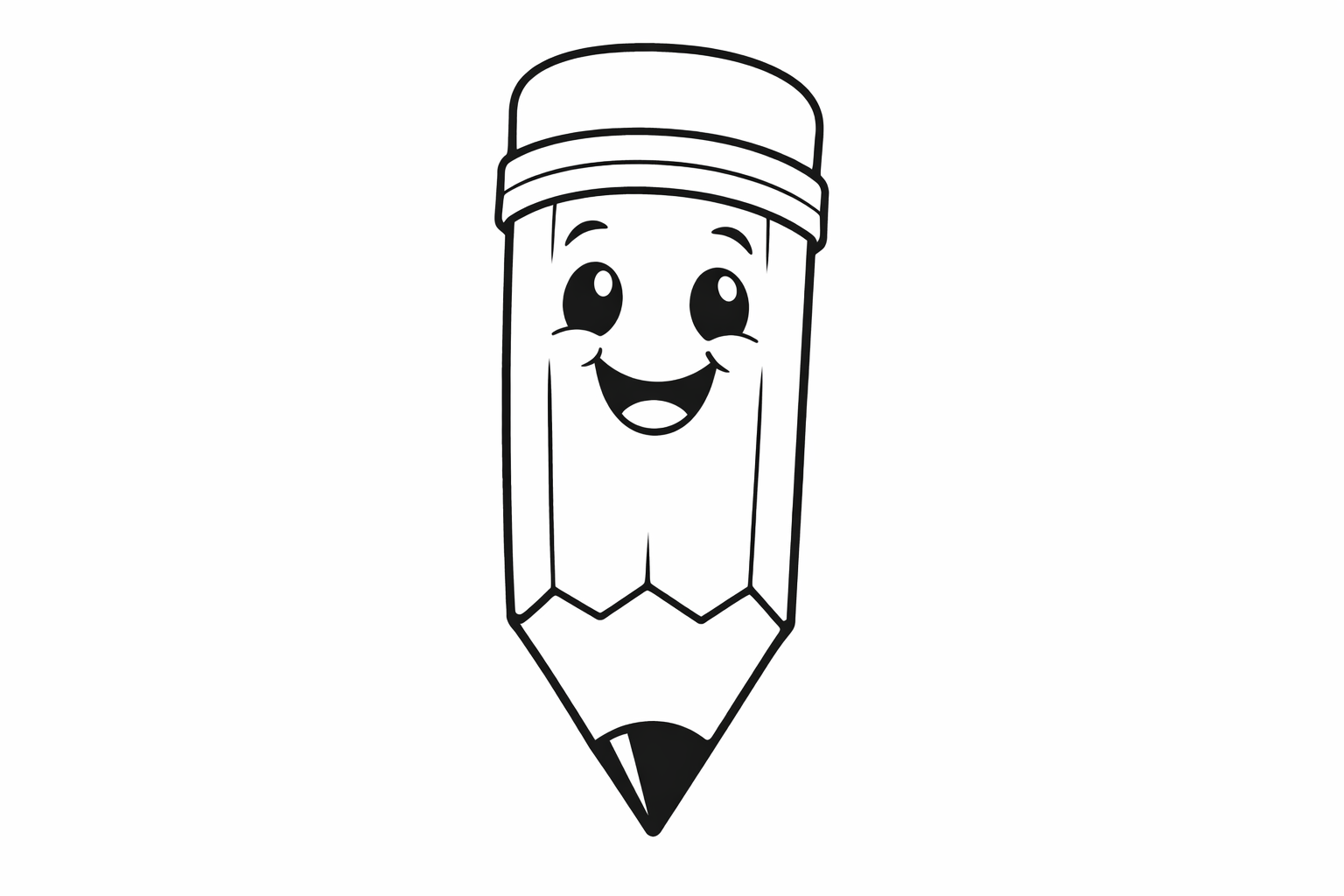 A simple smiling pencil with a happy face, big bold outlines, very few interior details, friendly cartoon style, white background