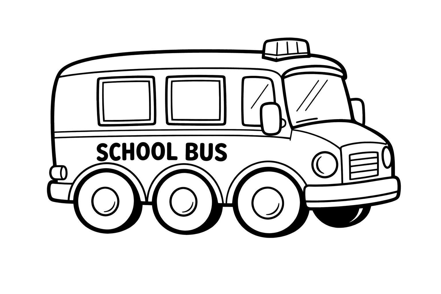 A school bus with three large round wheels and two square windows, thick black outlines, simple cartoon body