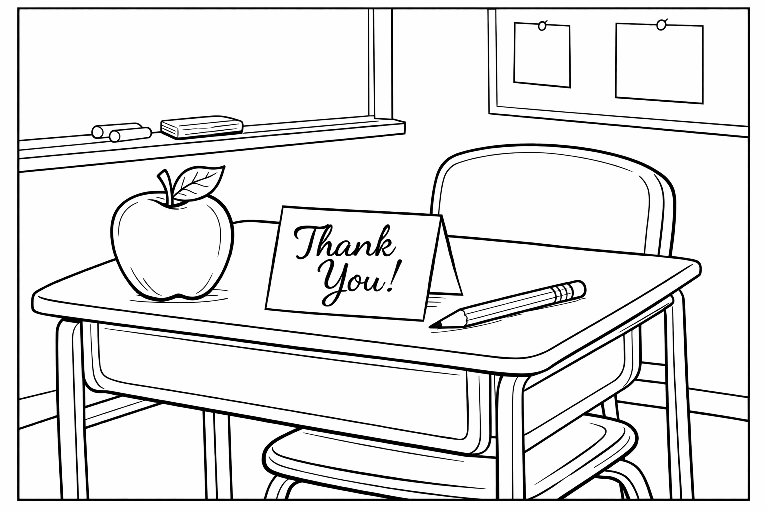 An empty student desk with an apple, a sharpened pencil, and a folded thank-you note on top