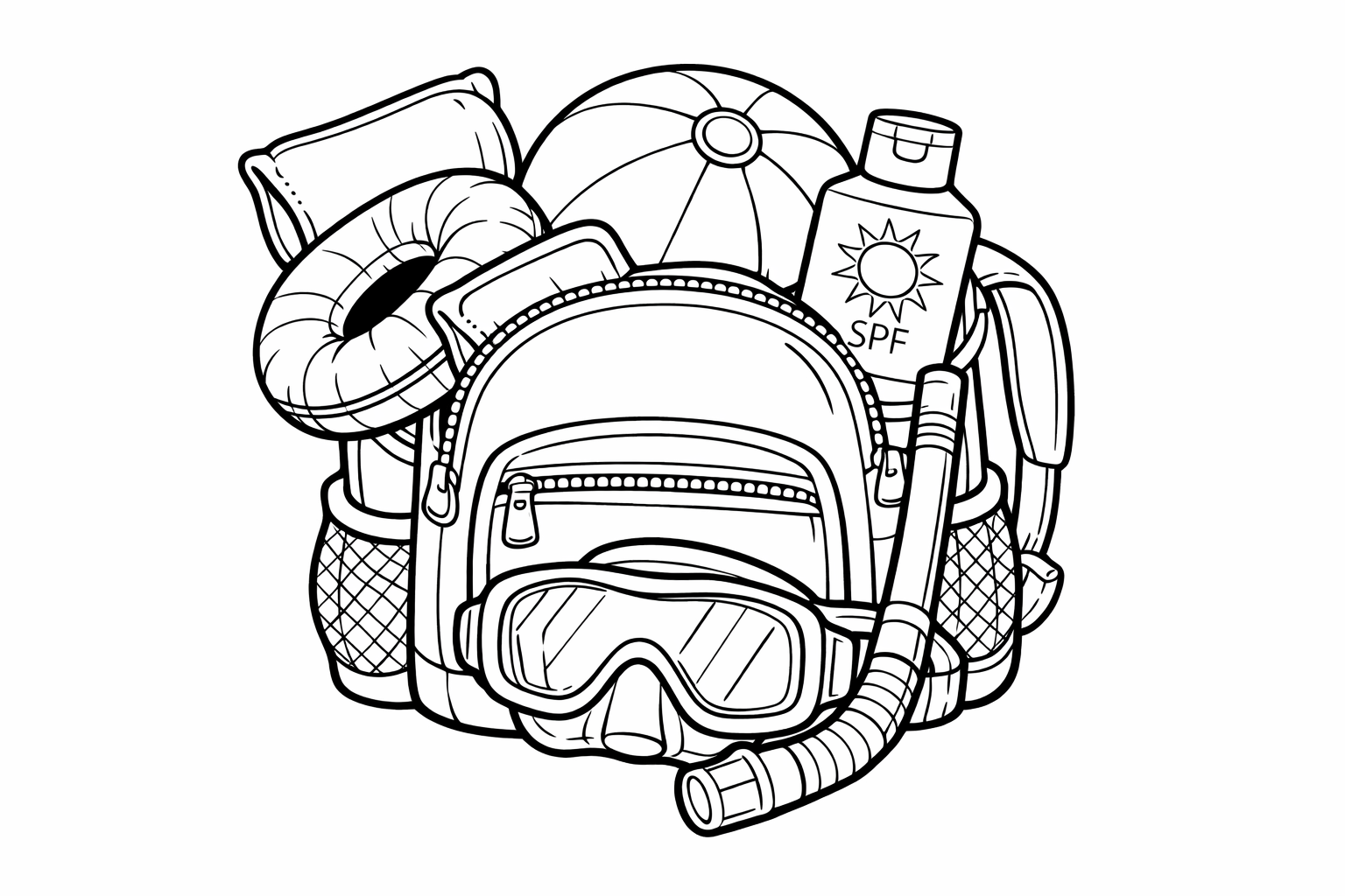 A backpack stuffed with a beach ball, a bottle of sunscreen, pool floaties, and a swim mask
