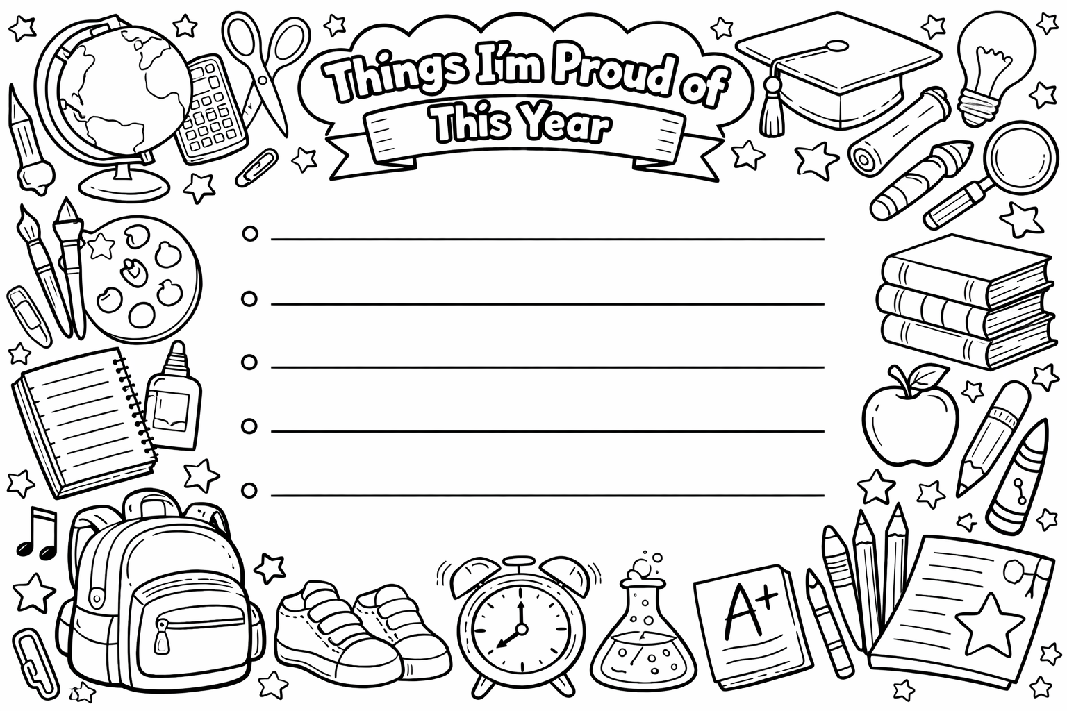 A "Things I'm proud of this year" worksheet with five empty lines and a decorative border of school supplies