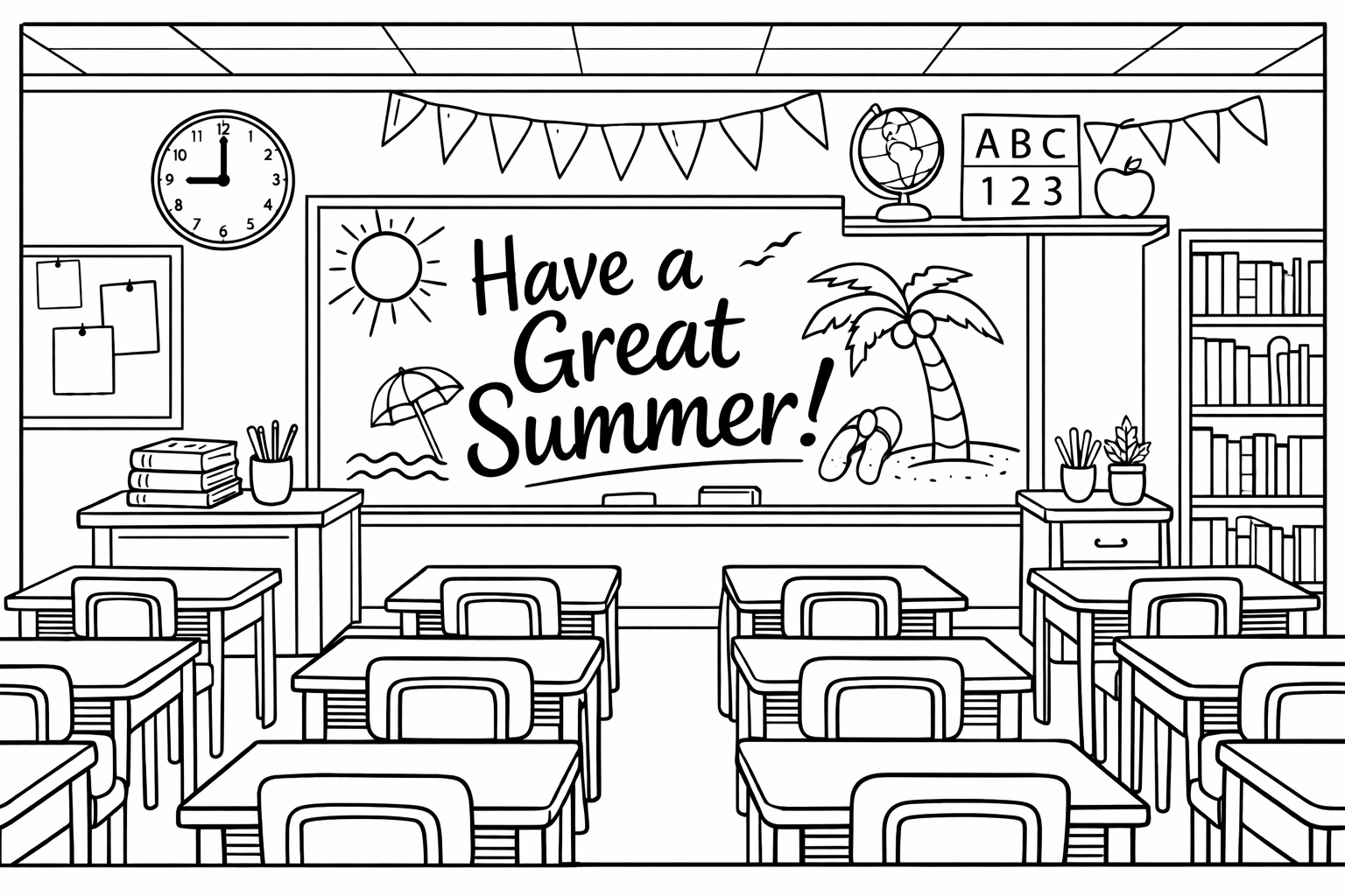 A classroom interior with empty desks and "Have a great summer" written on the chalkboard