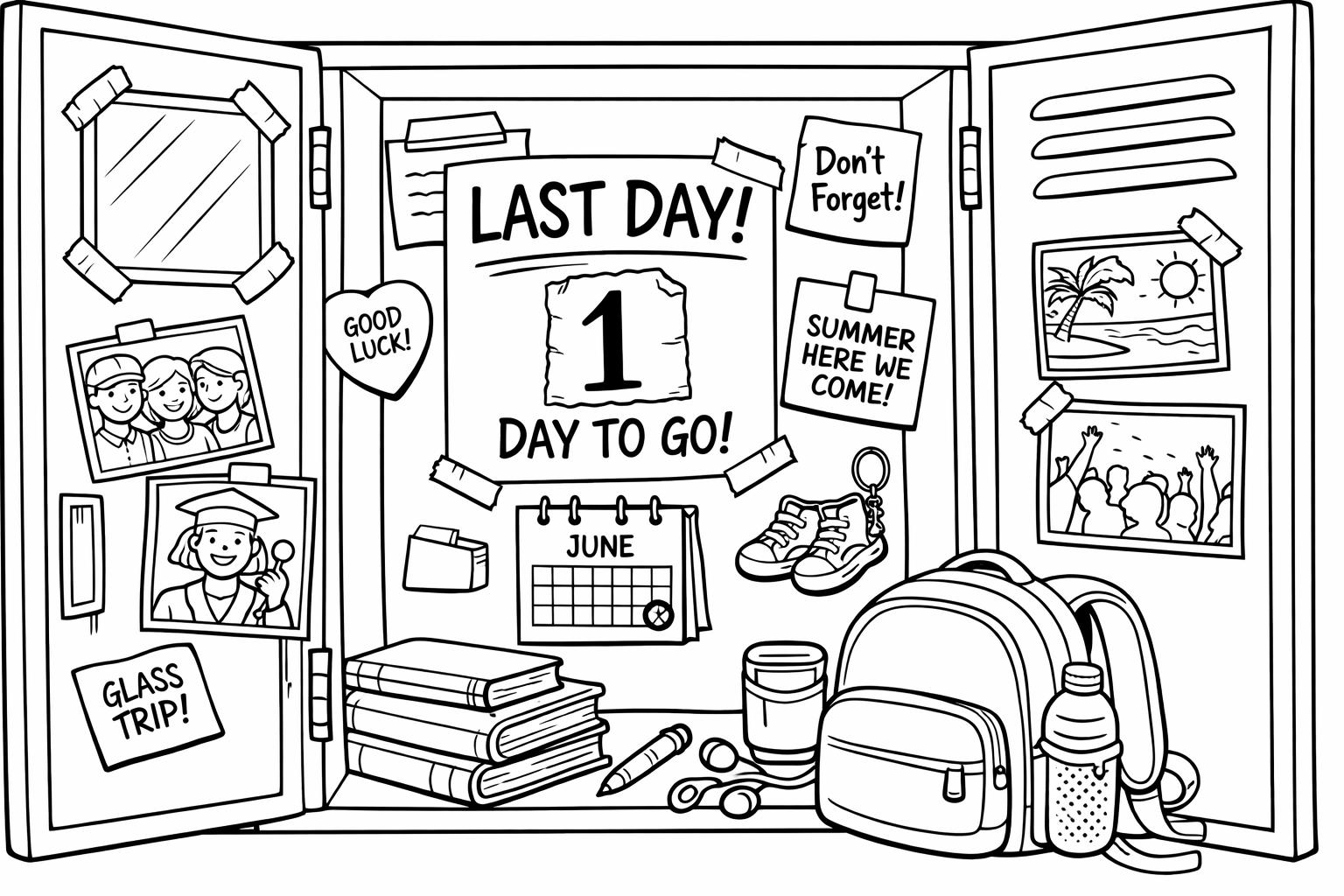 A student locker scene with photos, sticky notes, and a small mirror taped inside, ready for the last dayLast day countdown