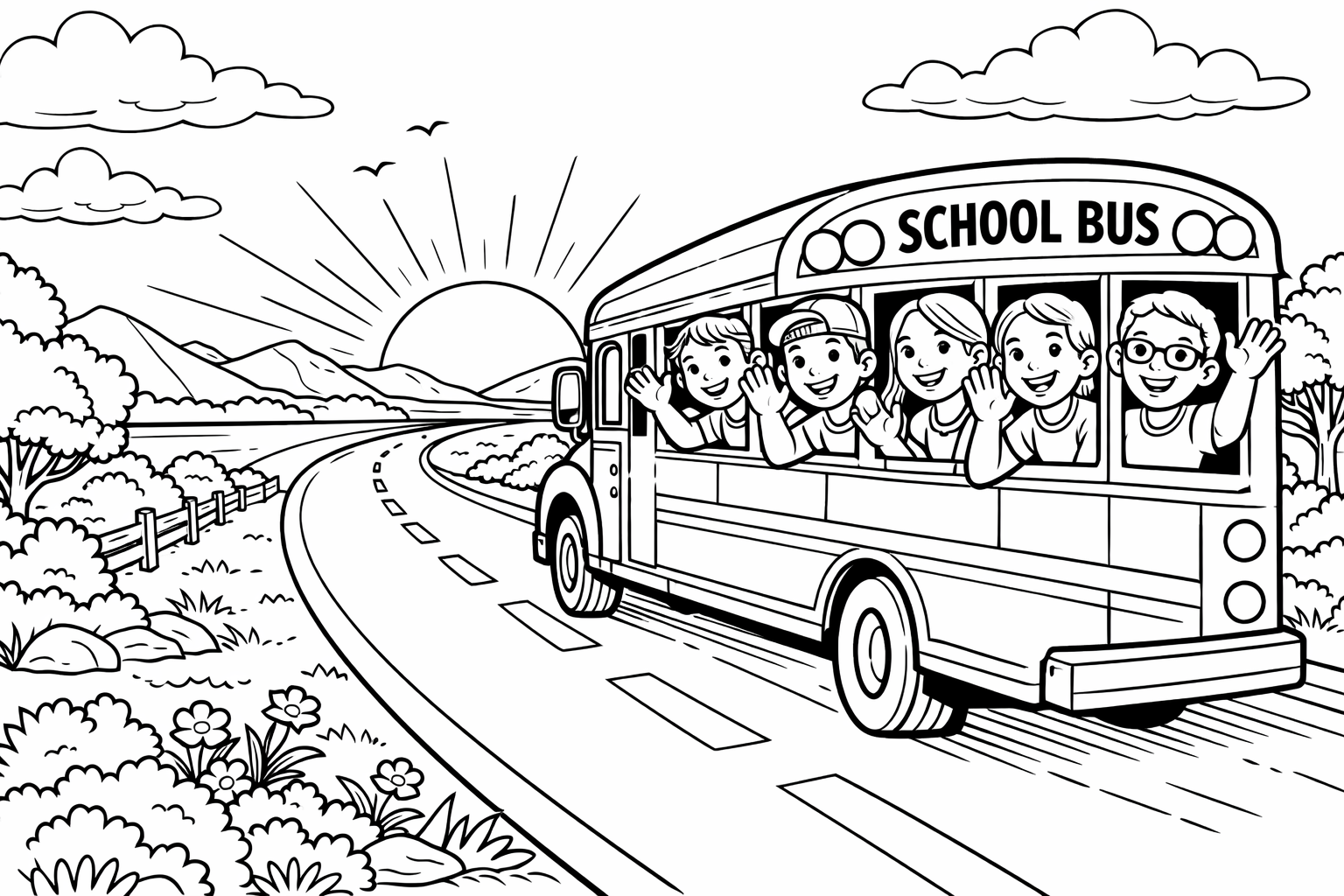 A yellow school bus driving along a road toward a sunset, kids waving from the windows on the last dayOlder Kids (8 to 12)
