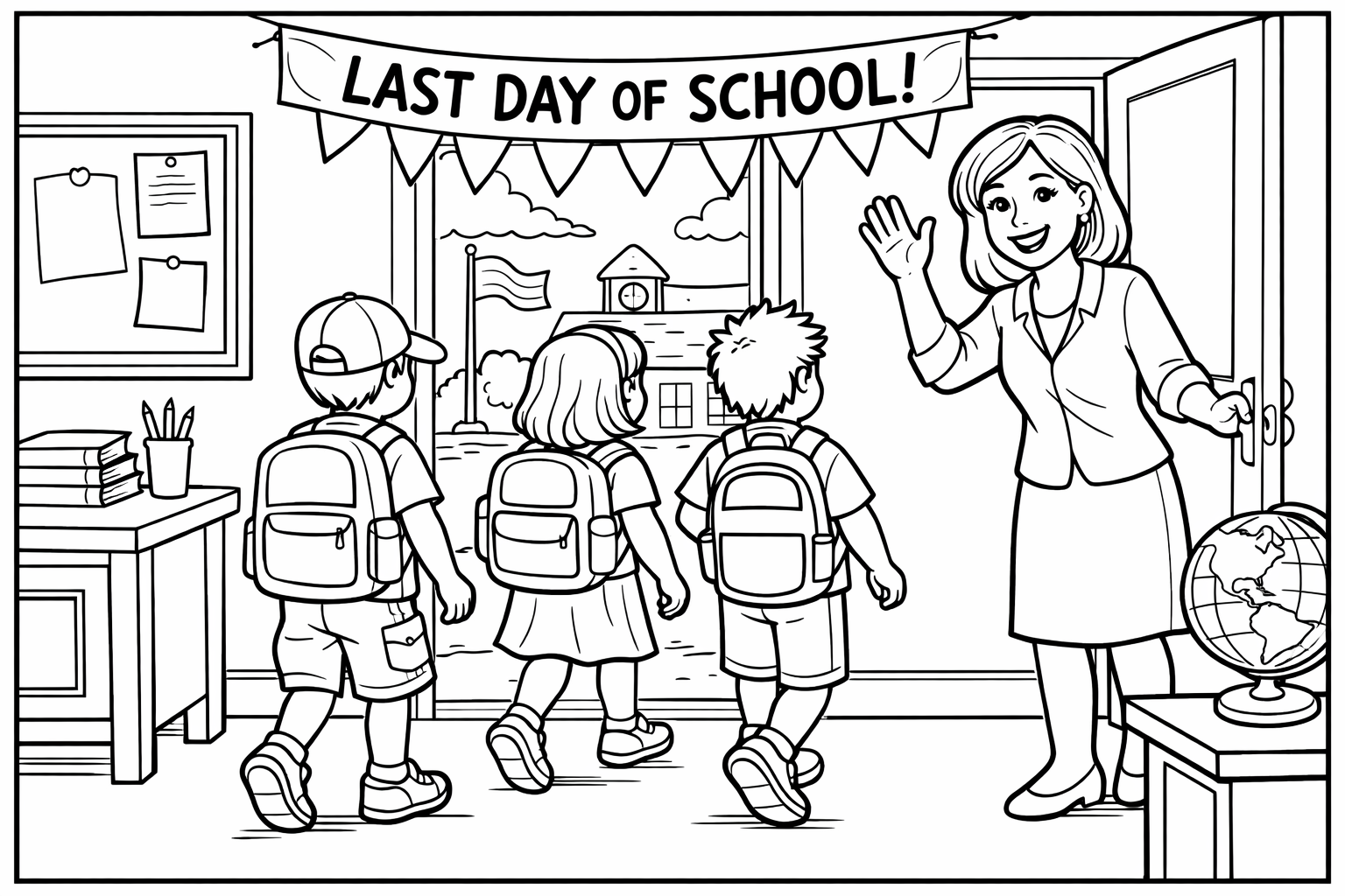 A teacher waving goodbye from a classroom door, three students walking out with backpacks, last day of school scene