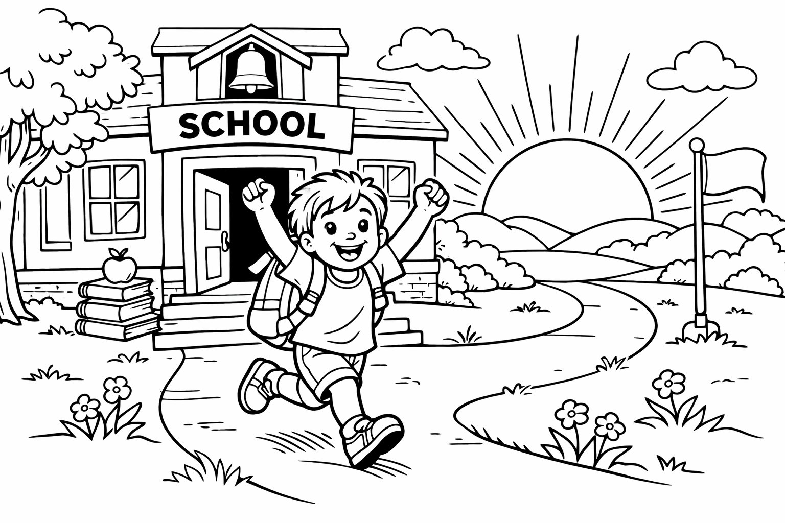 A child running out of a school building with arms raised in joy, summer sun rising in the background
