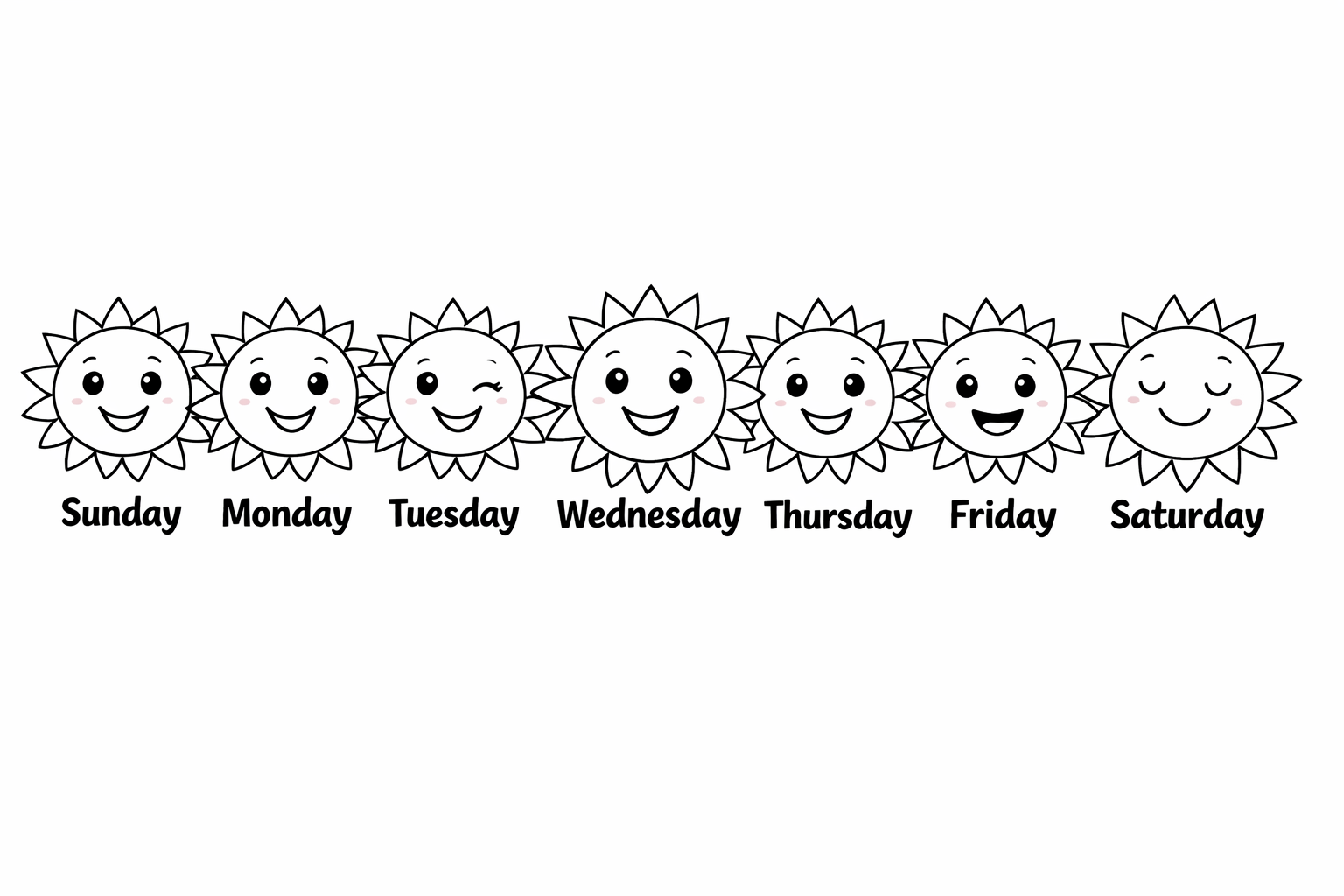 A horizontal row of seven smiling suns, each one labeled with a day of the week beneath