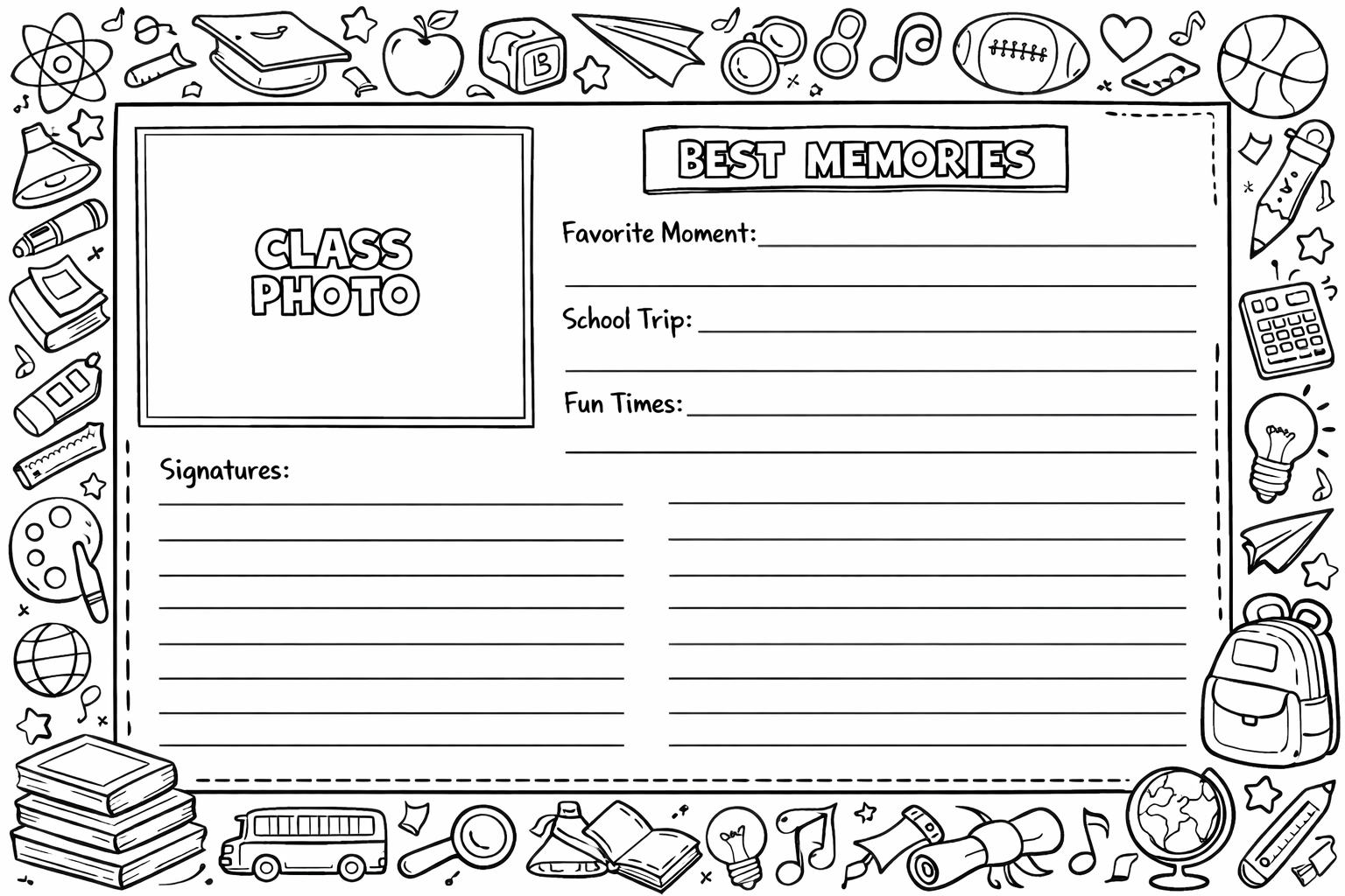A blank yearbook page layout with signature lines, framed by a decorative border of school doodles