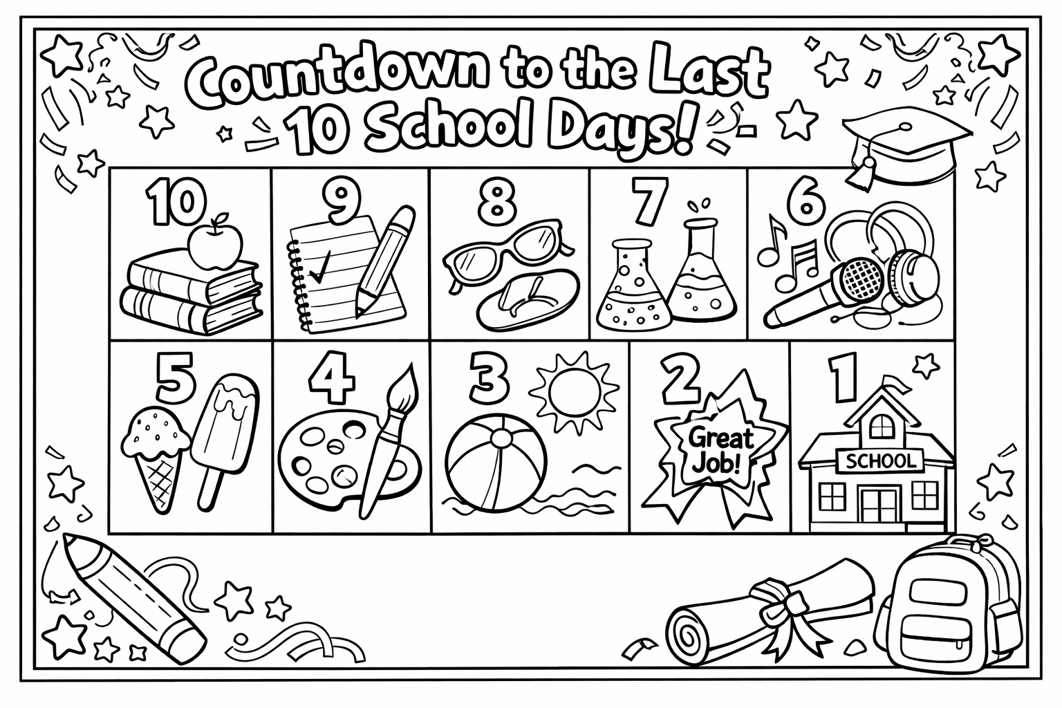 An end of year countdown calendar grid for the last 10 school days, each square containing a small illustration