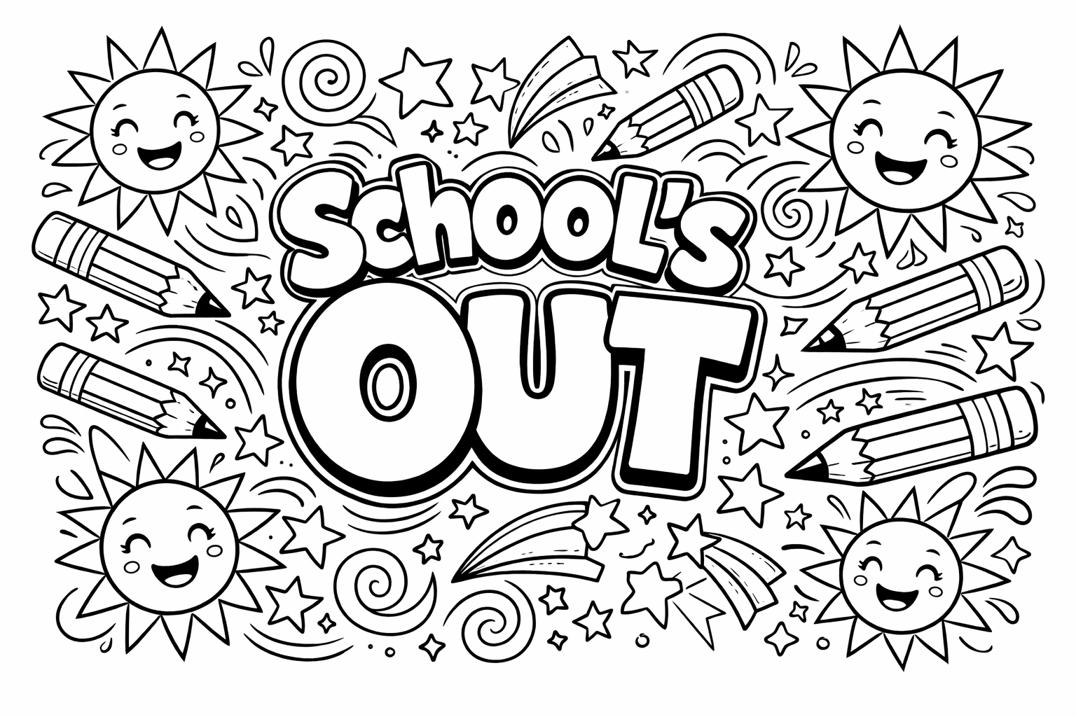 Bold "School's Out" lettering in chunky bubble letters, surrounded by intricate doodles of pencils, stars, and suns