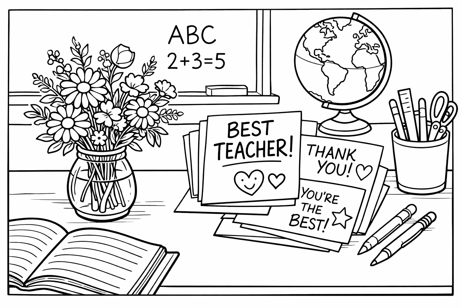 A teacher's desk with a small vase of wildflowers and a stack of handwritten cards from students
