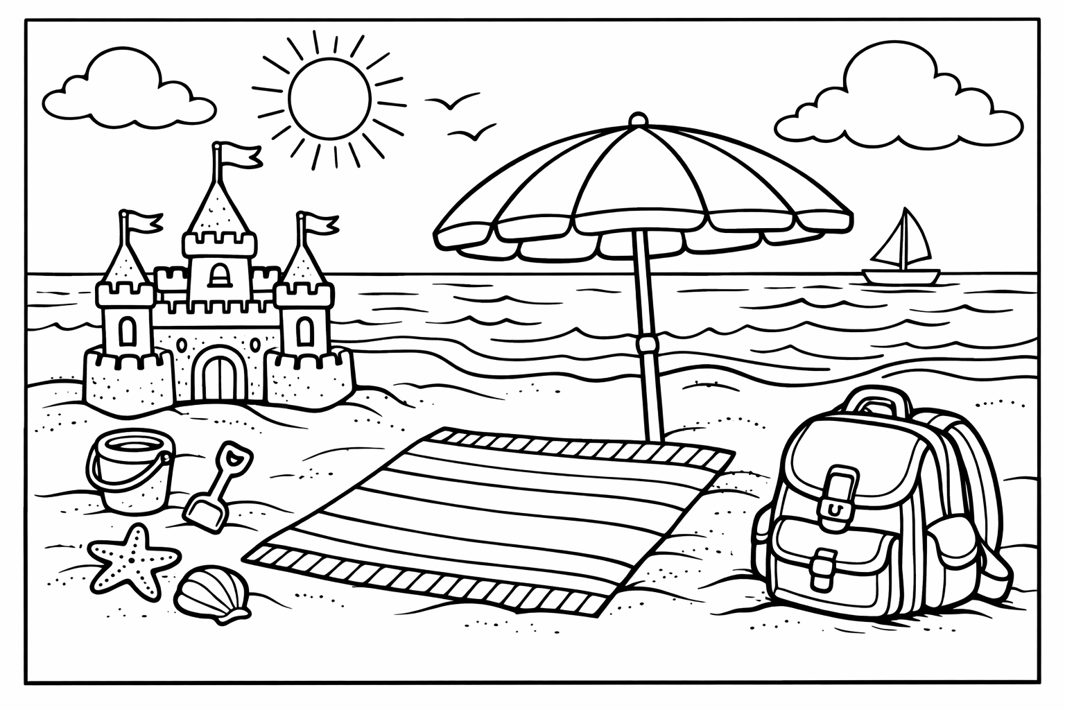 A beach scene with a sandcastle, a sun umbrella, a beach towel, and a closed school backpack at the edge
