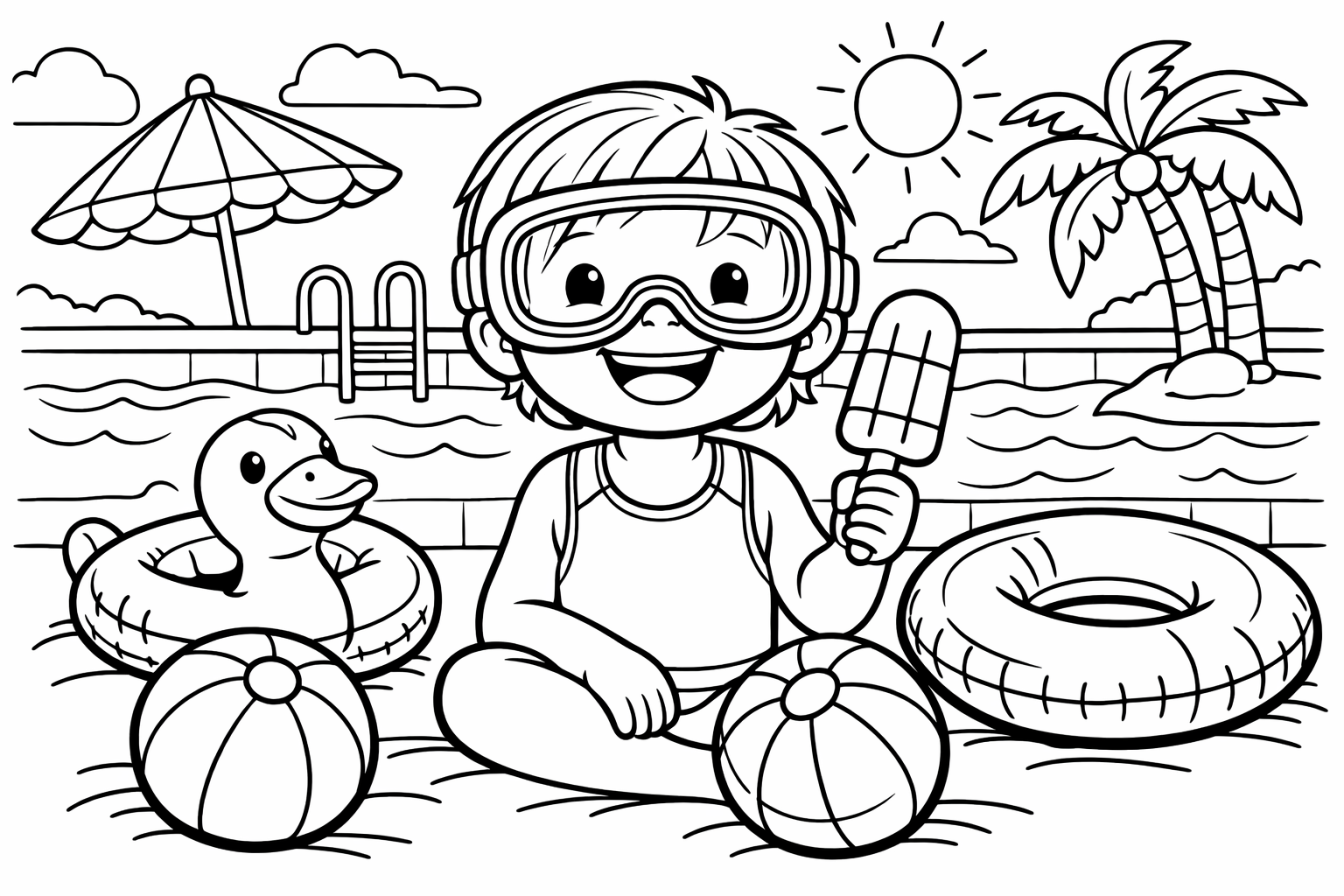 A child wearing pool goggles holding a popsicle, beach balls and pool floaties on the ground around them