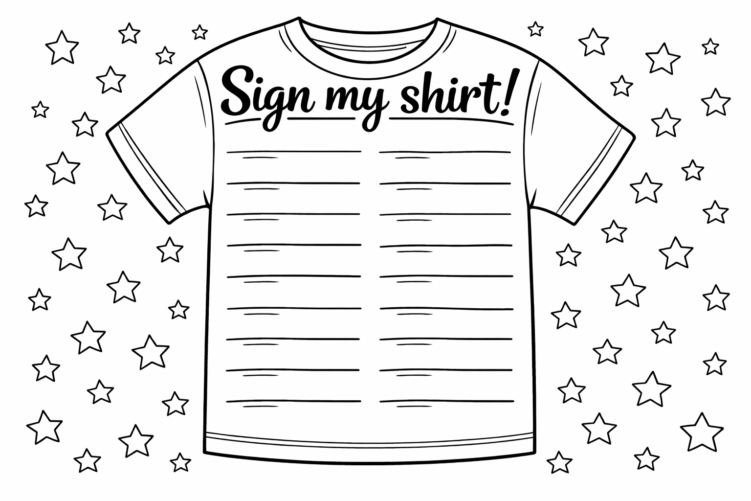 An outlined t-shirt with "Sign my shirt" across the top and signature lines filling the rest, framed by tiny stars