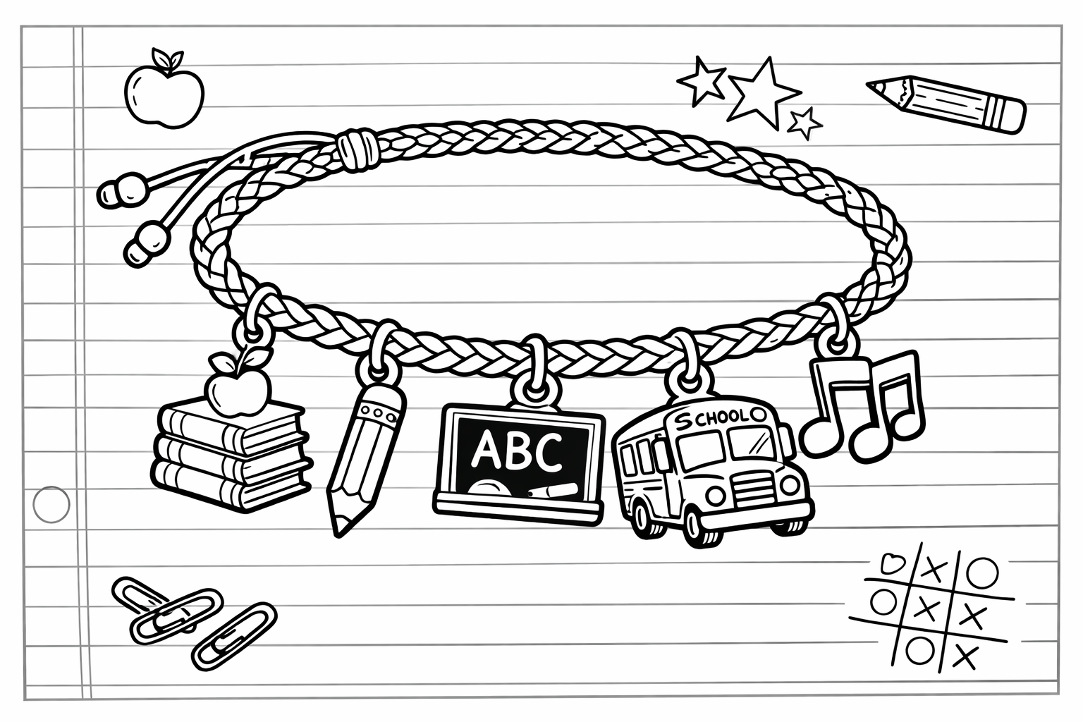 A friendship bracelet with five charms representing classroom memories, laid flat on a piece of lined paper