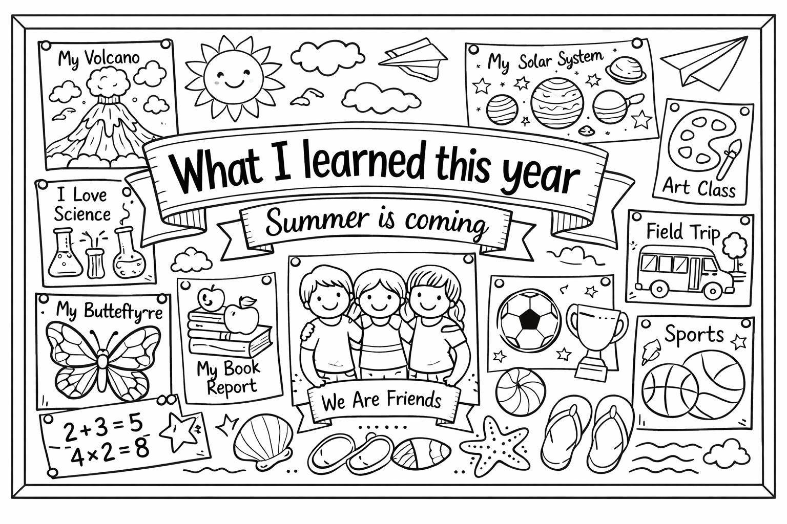 A bulletin board covered in student artwork and a centered banner reading "What I learned this year"Summer is coming