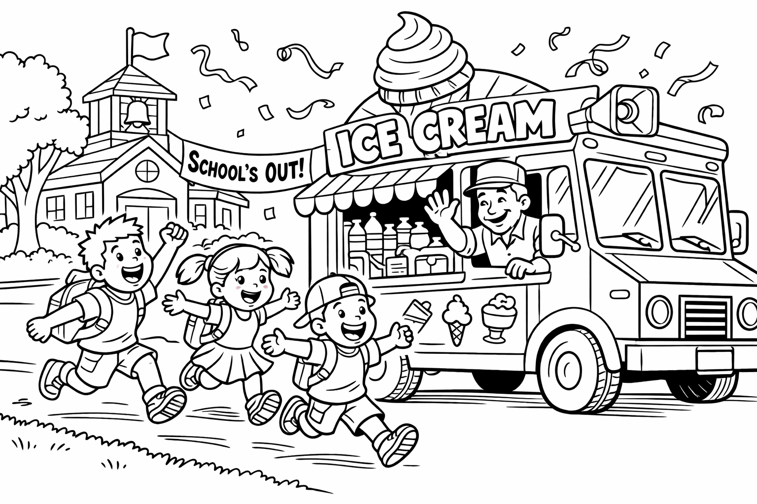 An ice cream truck with three kids running toward it, last day of school release energy