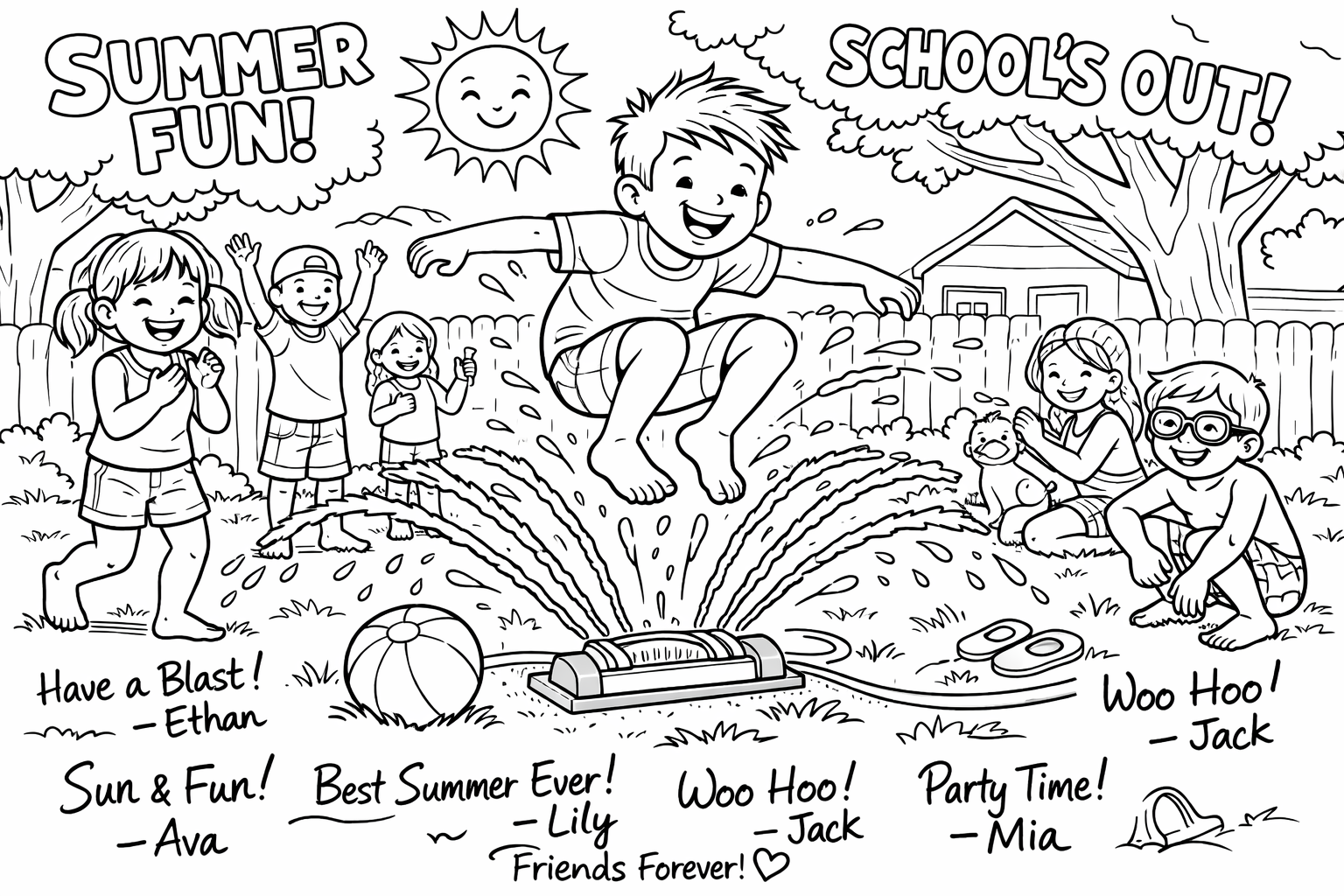 A backyard sprinkler arcing water over a barefoot child mid-jump, summer break has startedFriends and signatures
