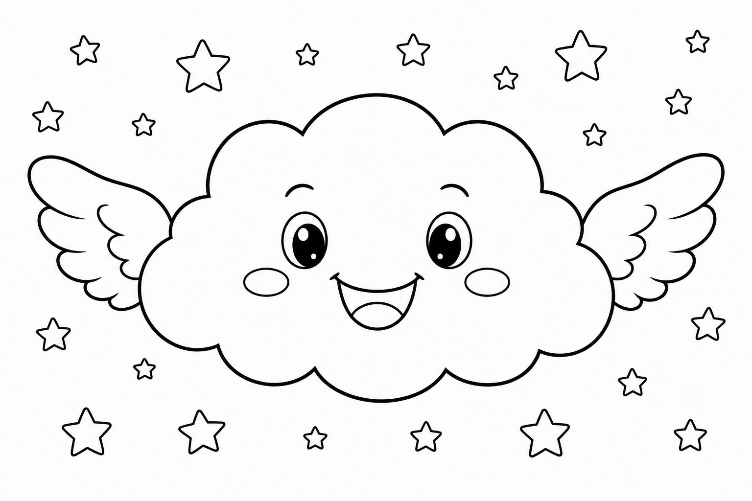 A cloud with a single happy face and small wings, surrounded by tiny stars