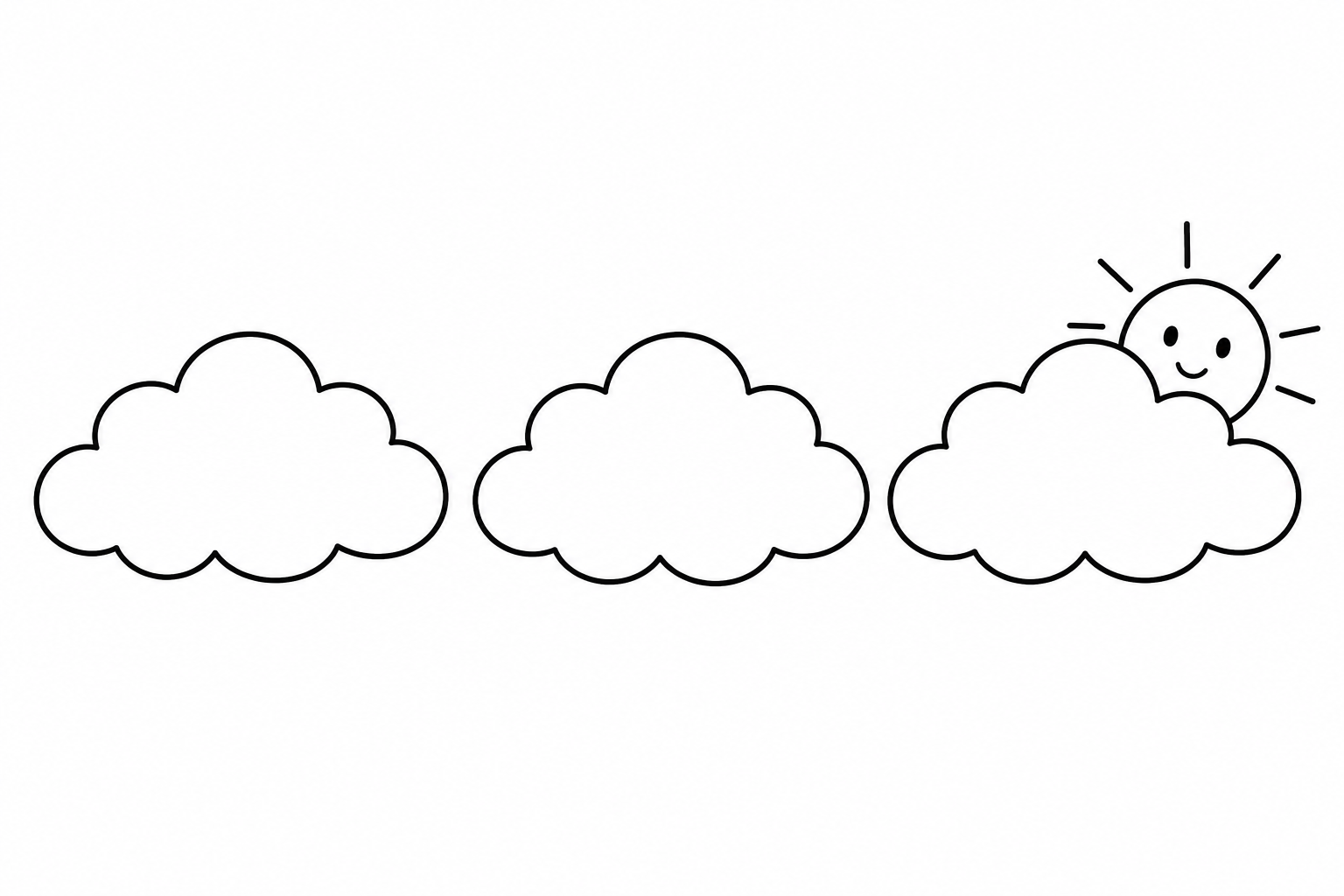 Three small fluffy clouds in a row with a tiny sun peeking from the corner, very simple lines