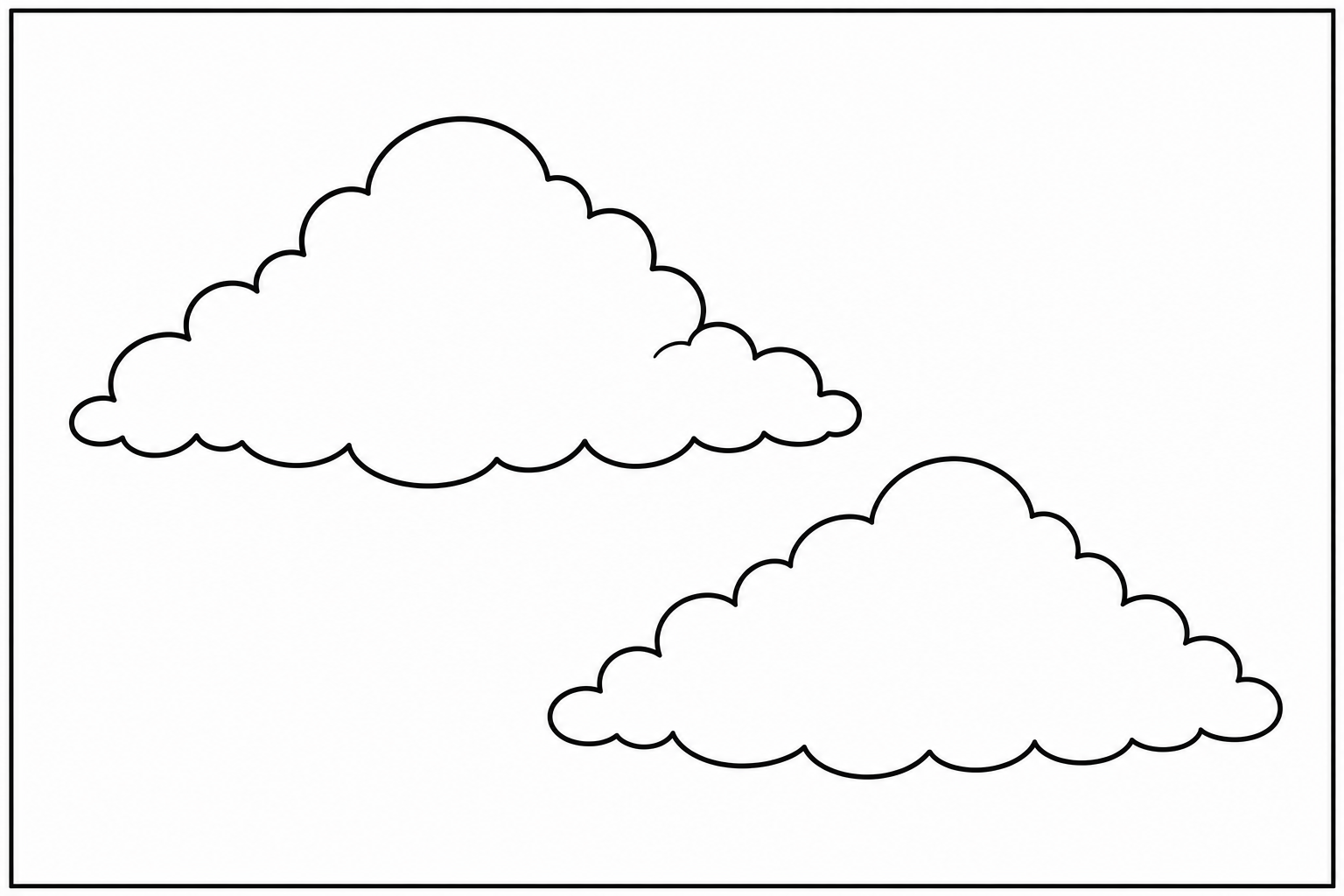 Two big puffy cumulus clouds floating in an open sky with thick simple outlines and lots of white space