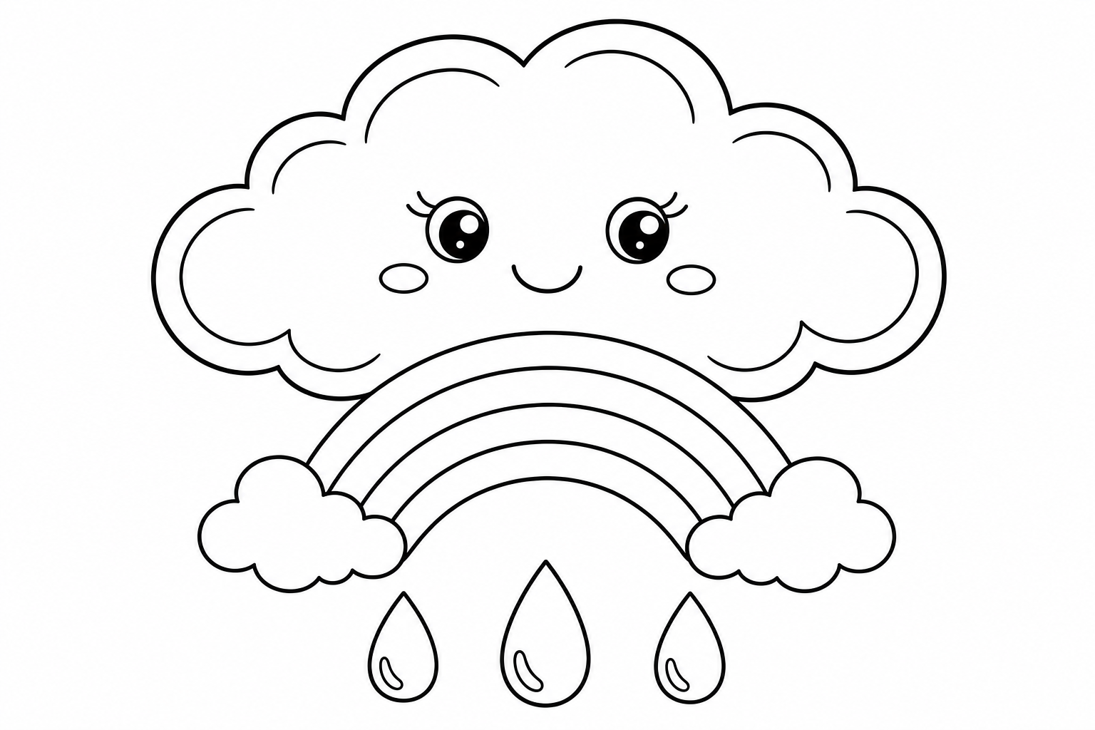 A cloud with a small rainbow arching beneath it and three round raindrops falling