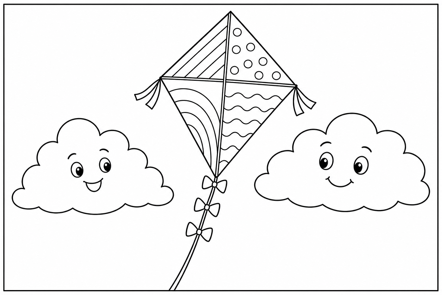 A kite tugged up by string from below the frame, two friendly clouds beside it in the sky