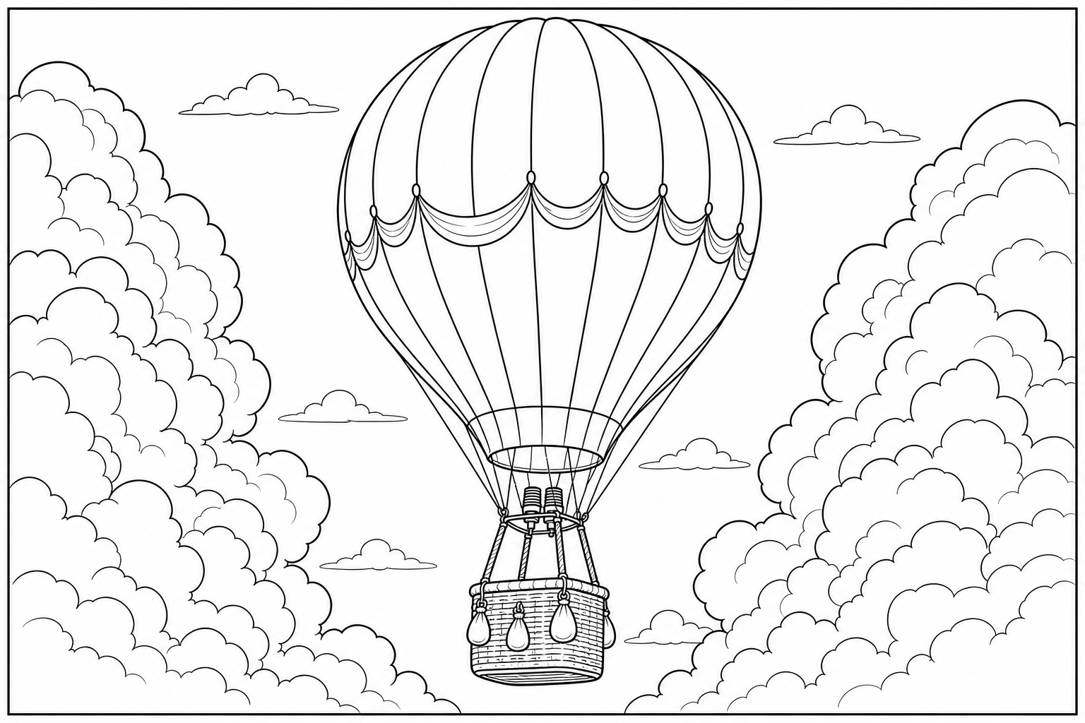 A hot air balloon drifting between two large cumulus clouds, basket detail visible